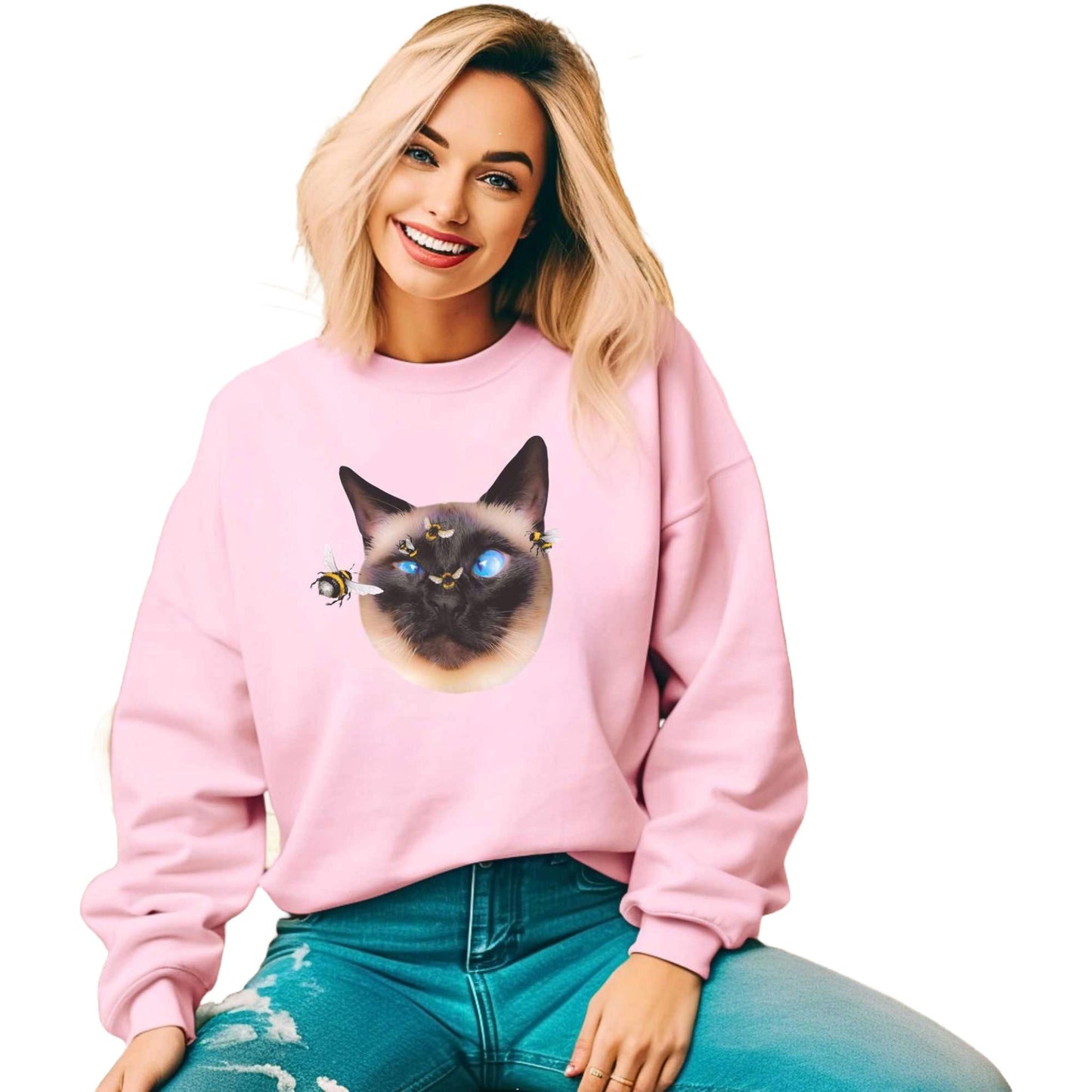 Pale Pink Buzz Off Cat Themed Crewneck Unisex Sweatshirt
