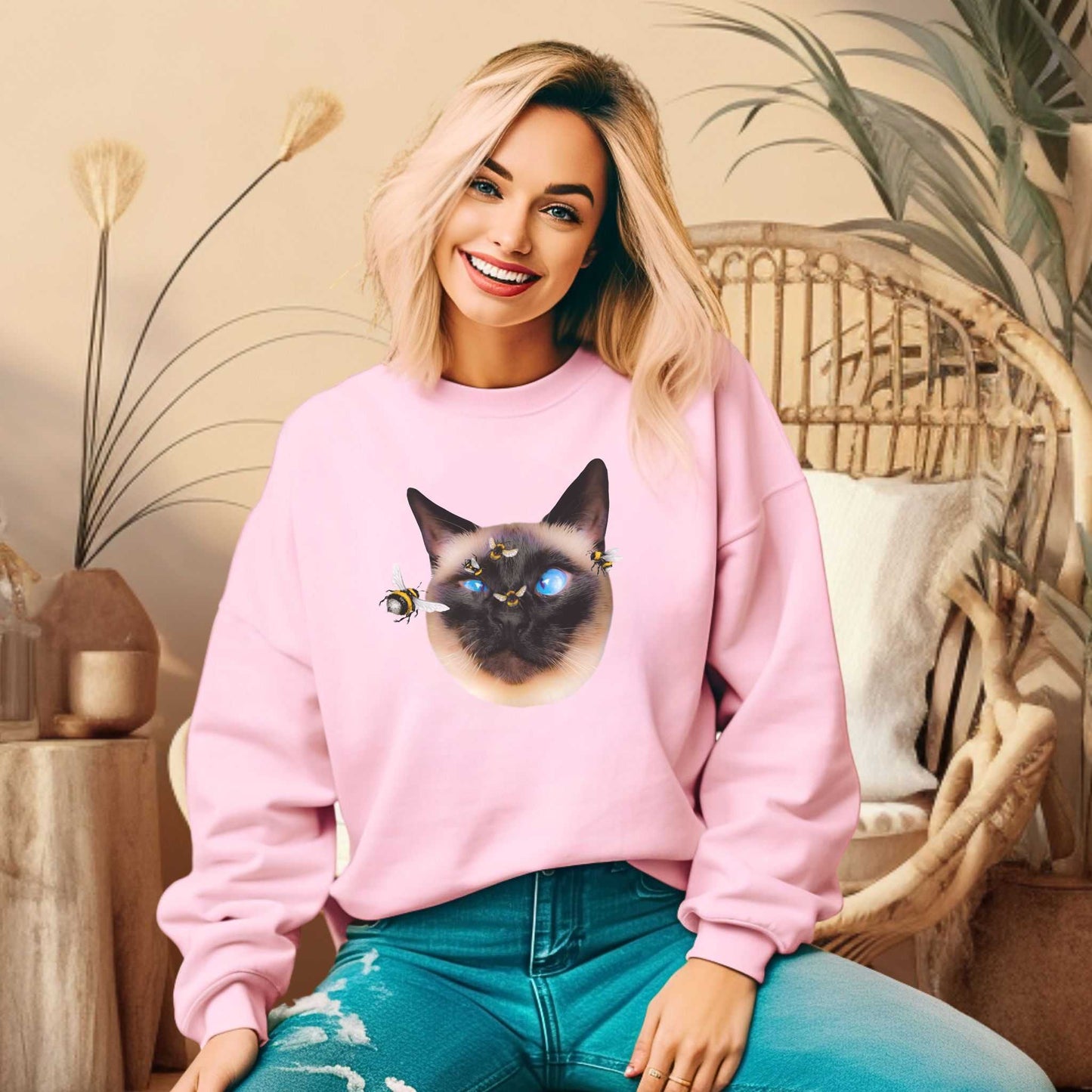 Pale Pink Buzz Off Cat Themed Crewneck Unisex Sweatshirt