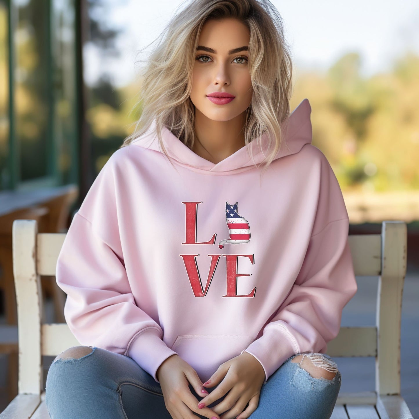 Pale Pink Cat Themed Love USA Hooded Sweatshirt Unisex
