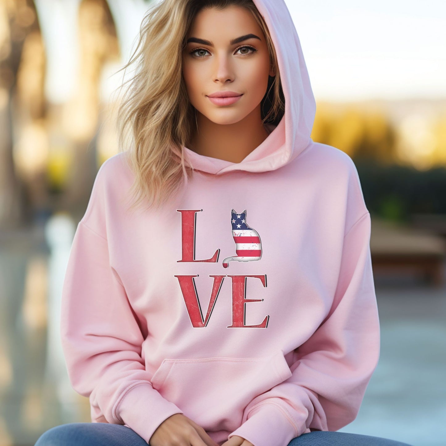 Pale Pink Cat Themed Love USA Hooded Sweatshirt Unisex