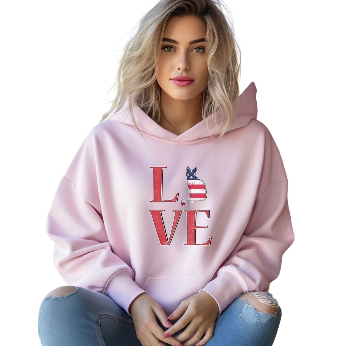 Pale Pink Cat Themed Love USA Hooded Sweatshirt Unisex