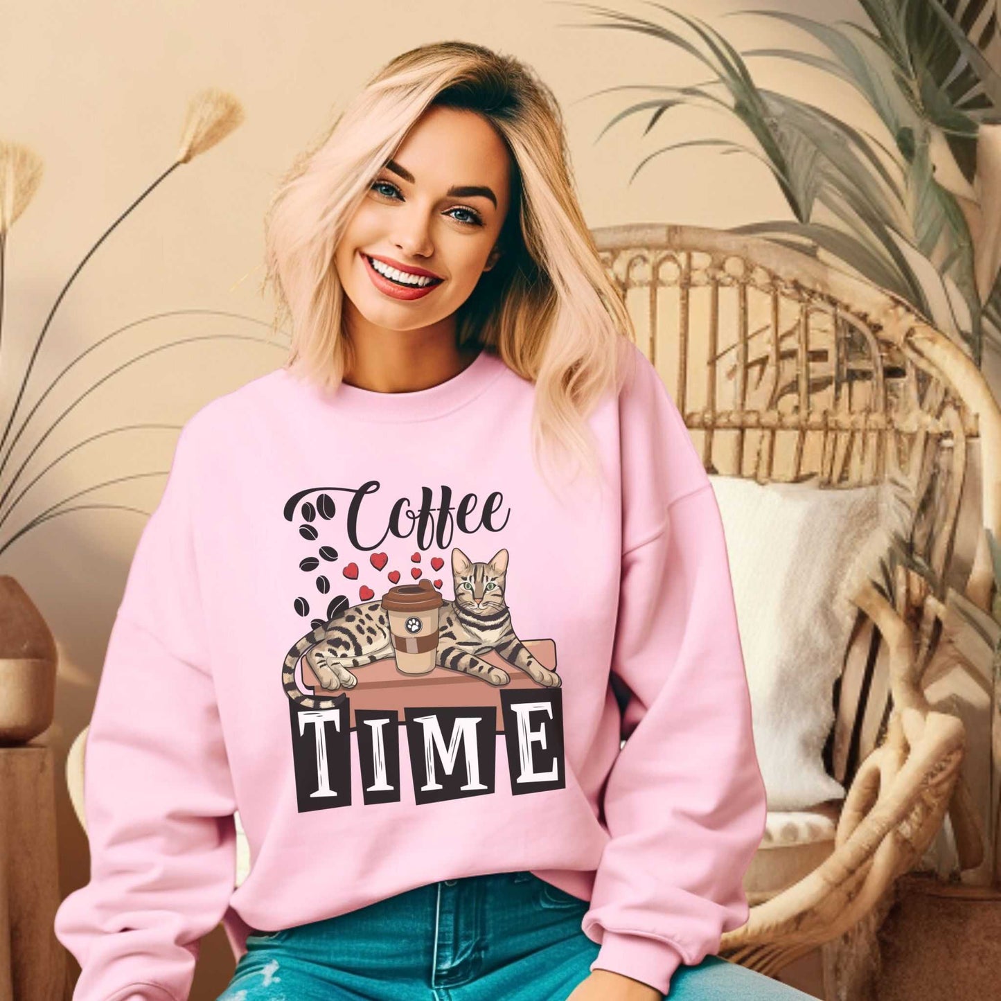 Pale Pink Coffee Beans & Love Hearts Bengal Cat Themed Unisex Sweatshirt