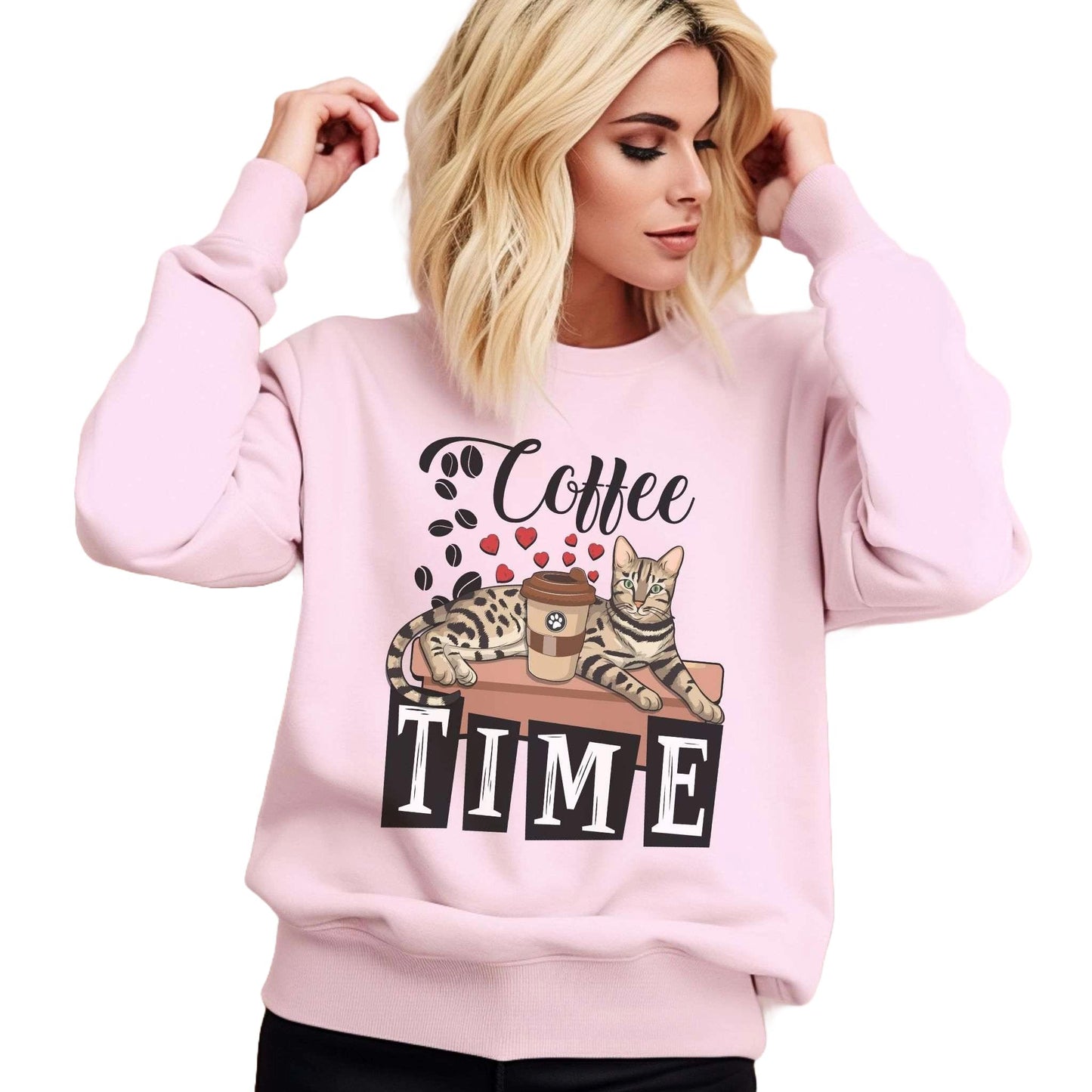 Pale Pink Coffee Beans & Love Hearts Bengal Cat Themed Unisex Sweatshirt