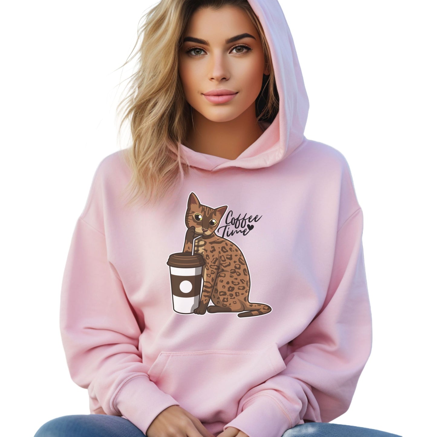 Pale Pink Drinking Cat Hooded Sweatshirt Unisex