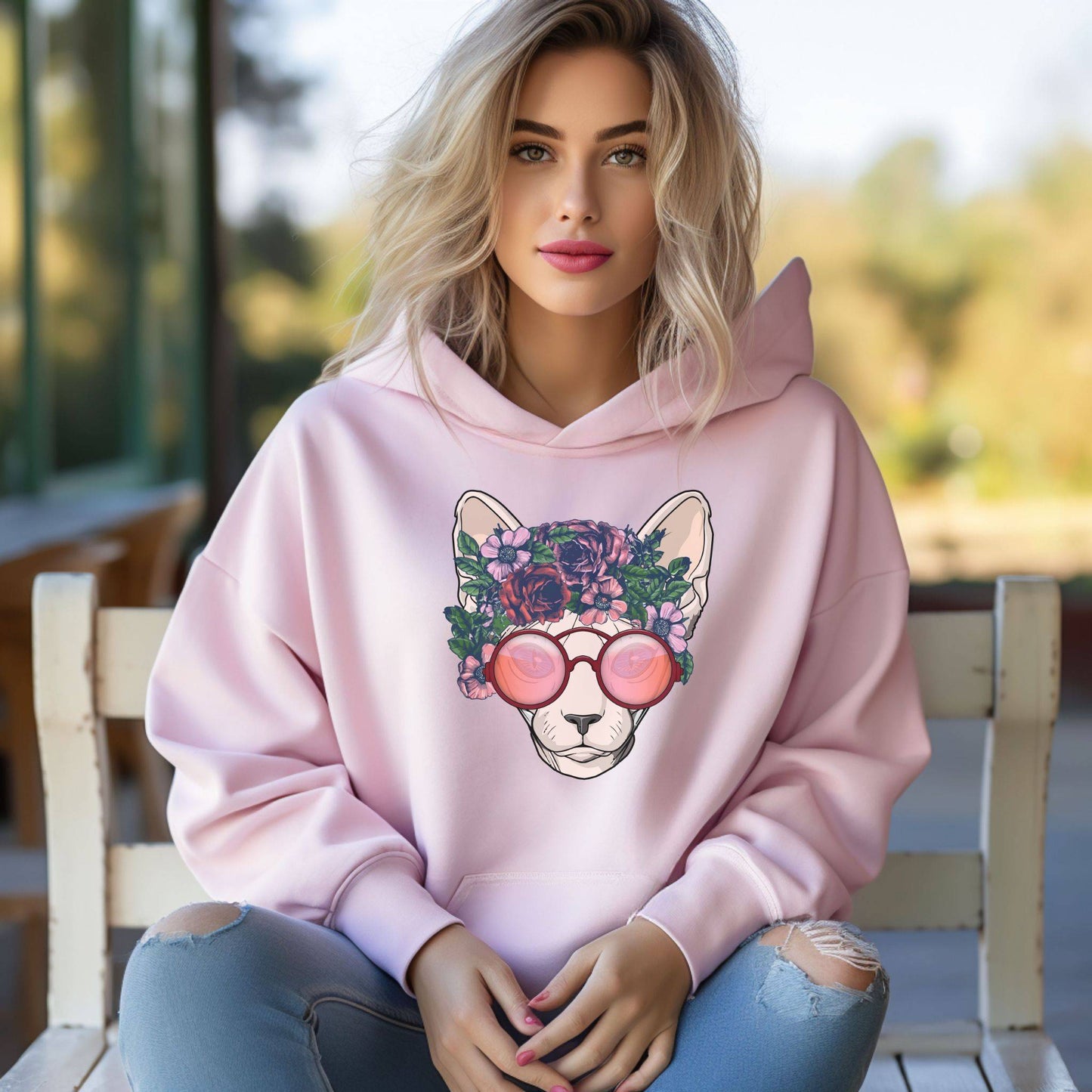 Pale Pink Flower Sphynx Cat Hooded Sweatshirt Unisex
