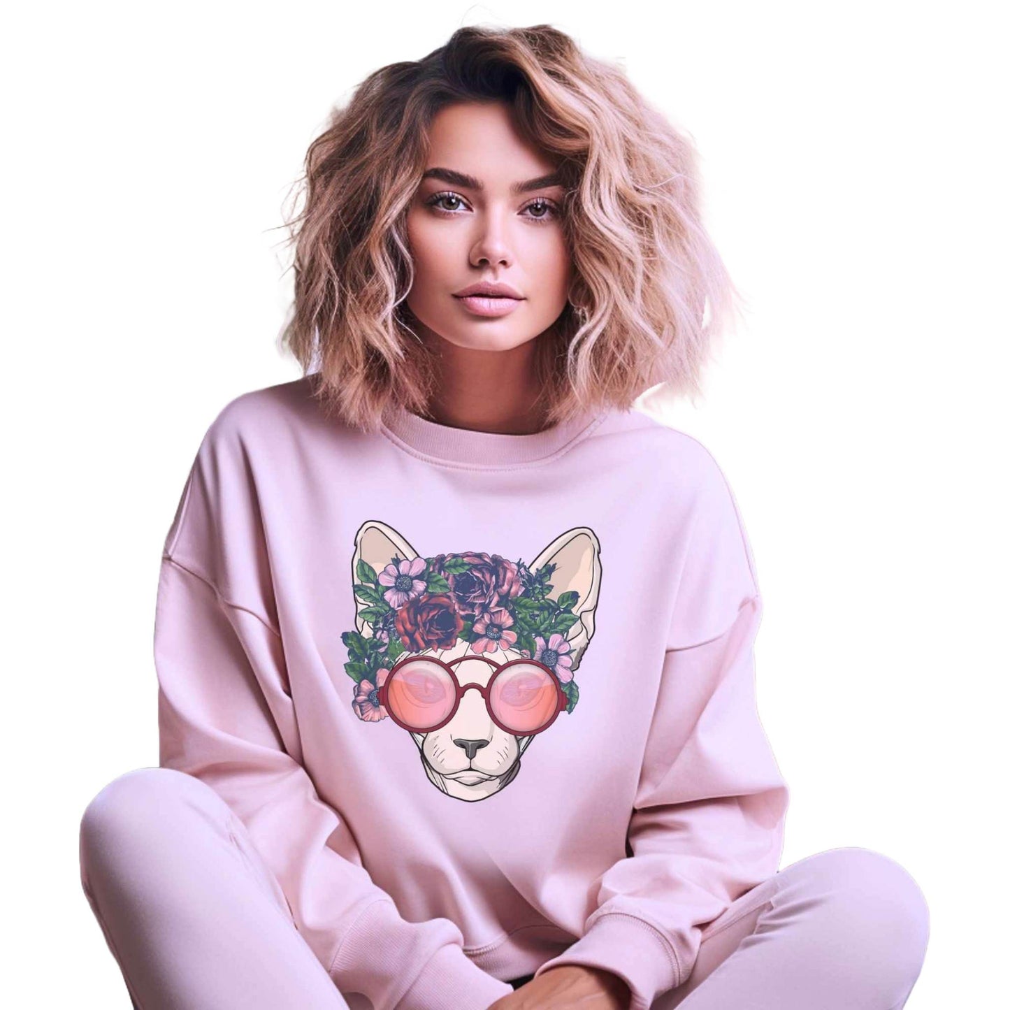 Pale Pink Flower Sphynx Cat Themed Crewneck Unisex Sweatshirt