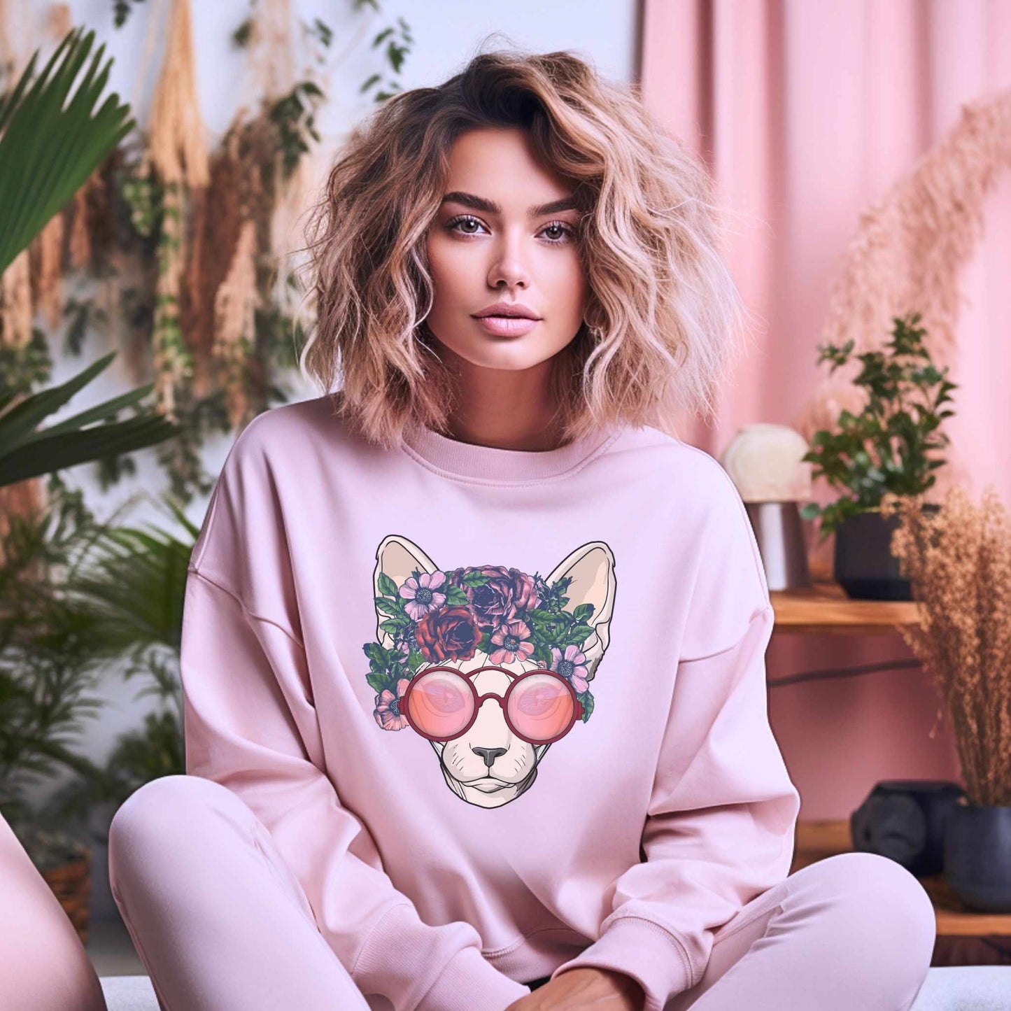 Pale Pink Flower Sphynx Cat Themed Crewneck Unisex Sweatshirt