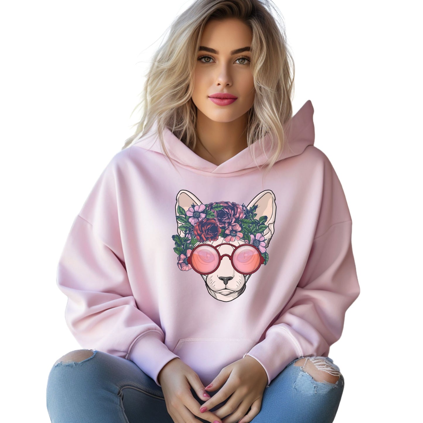 Pale Pink Flower Sphynx Cat Hooded Sweatshirt Unisex