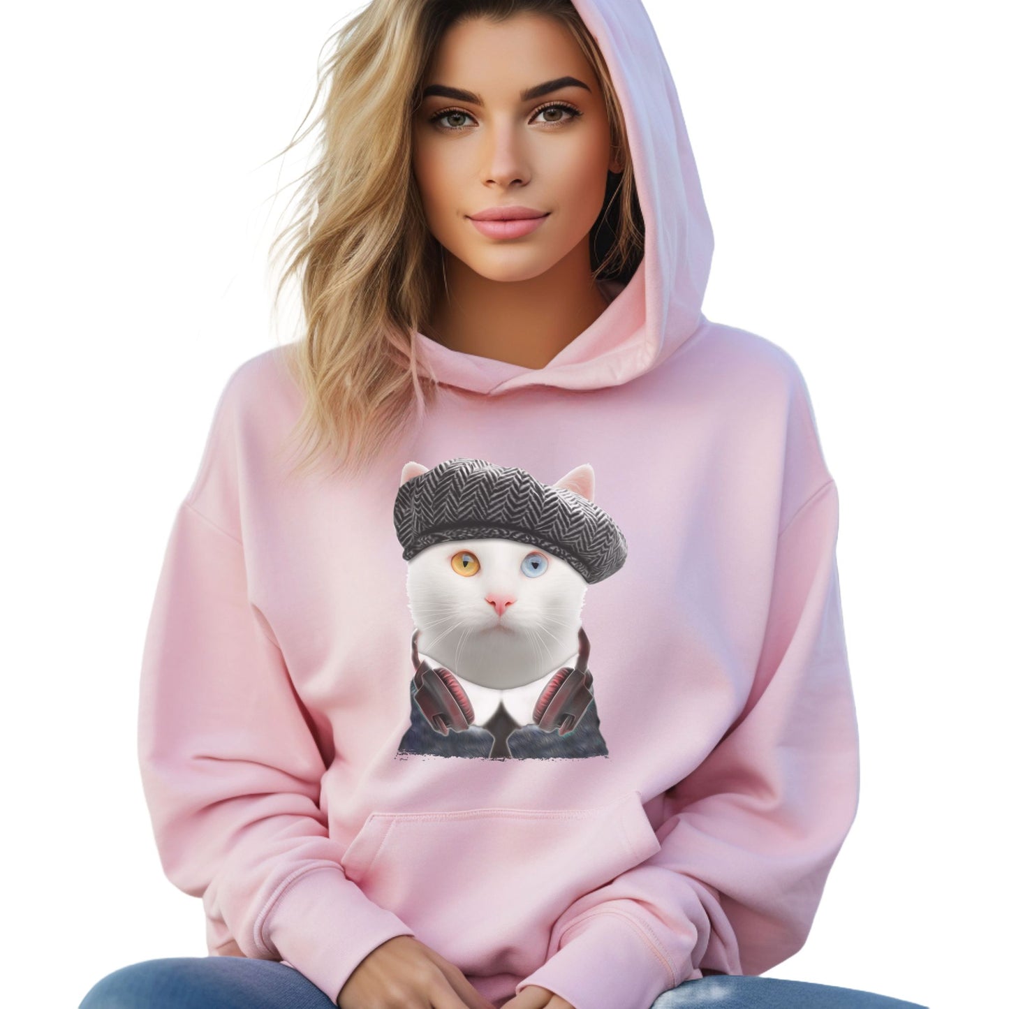 Pale Pink Headphones Cat Themed Hooded Sweatshirt Unisex