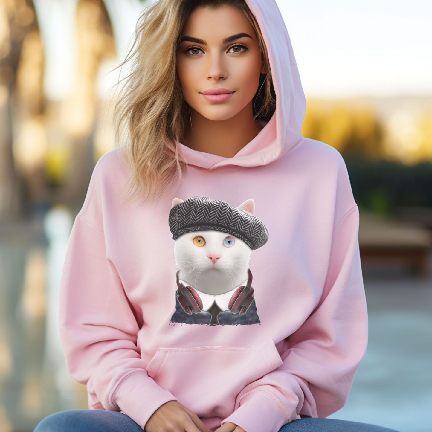 Pale Pink Headphones Cat Themed Hooded Sweatshirt Unisex