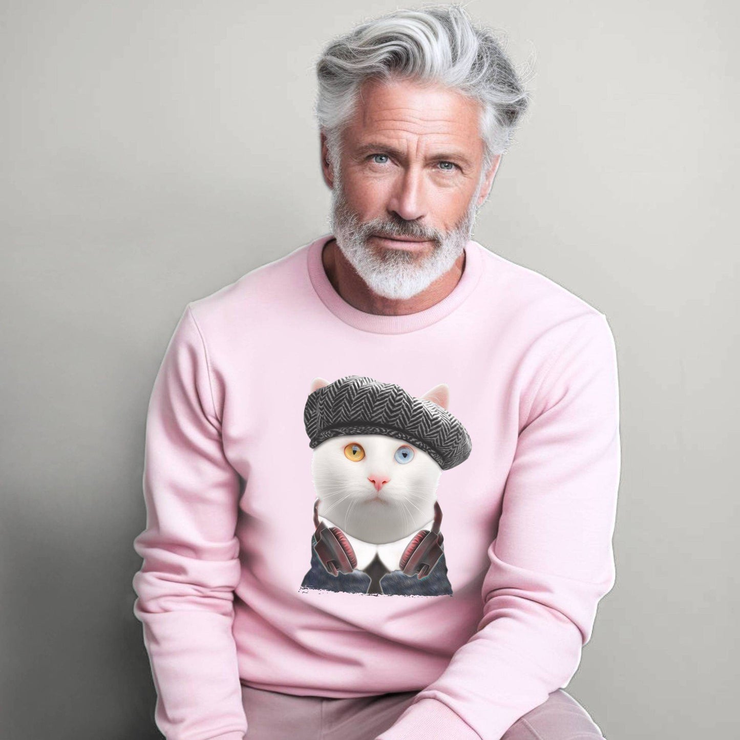 Pale Pink Headphones Crewneck Cat Themed Unisex Sweatshirt