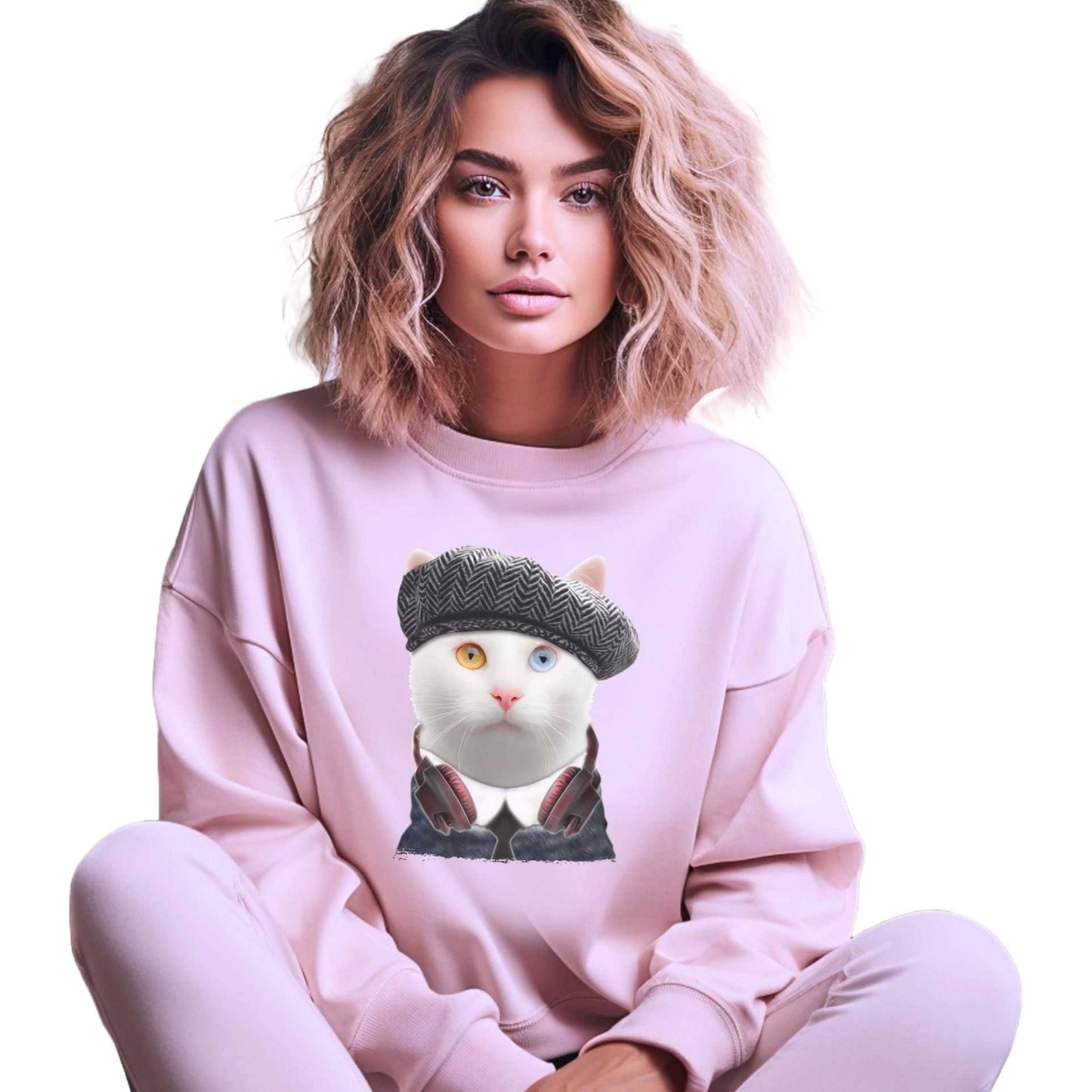 Pale Pink Headphones Crewneck Cat Themed Unisex Sweatshirt