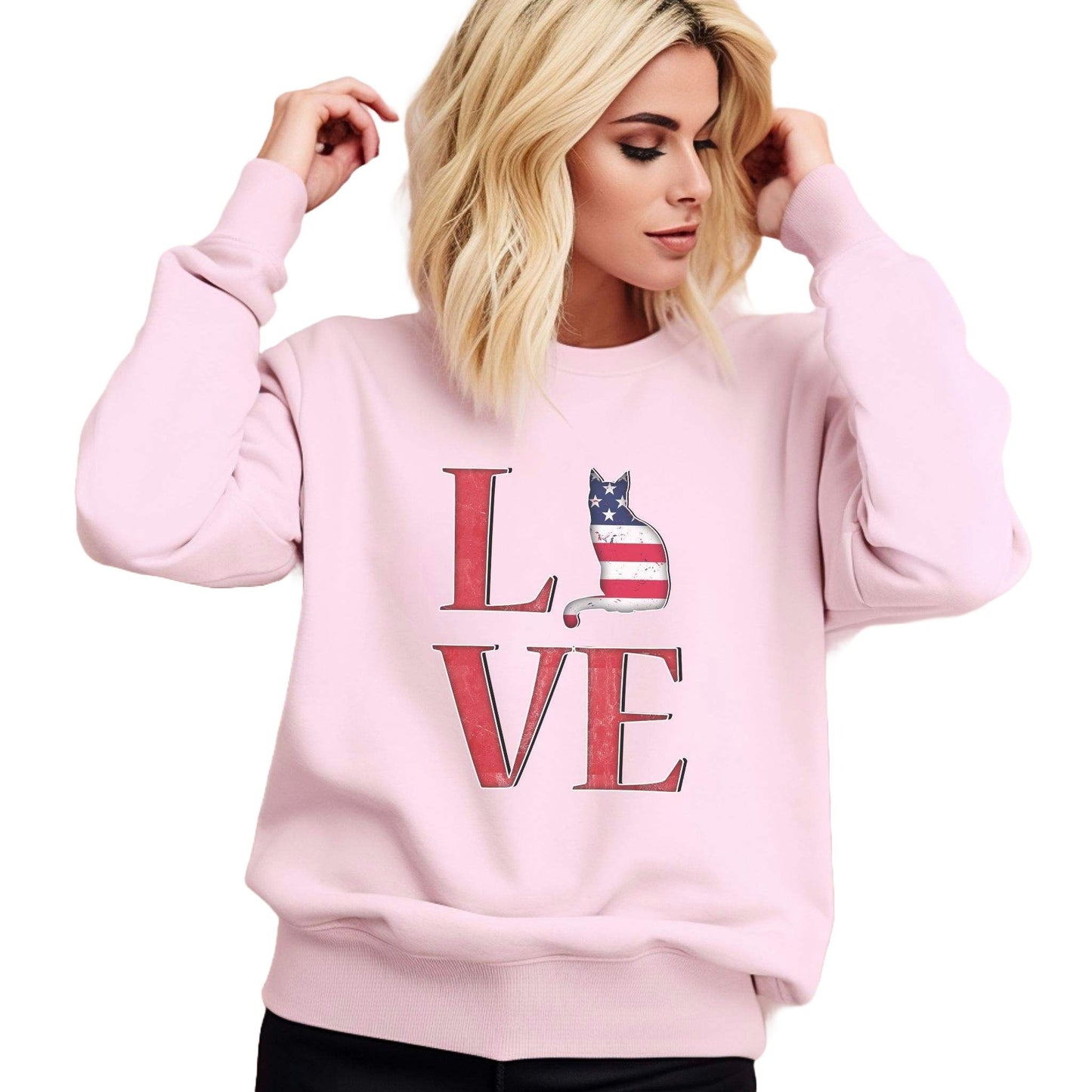 Pale Pink LOVE USA Cat Themed Crewneck Unisex Sweatshirt