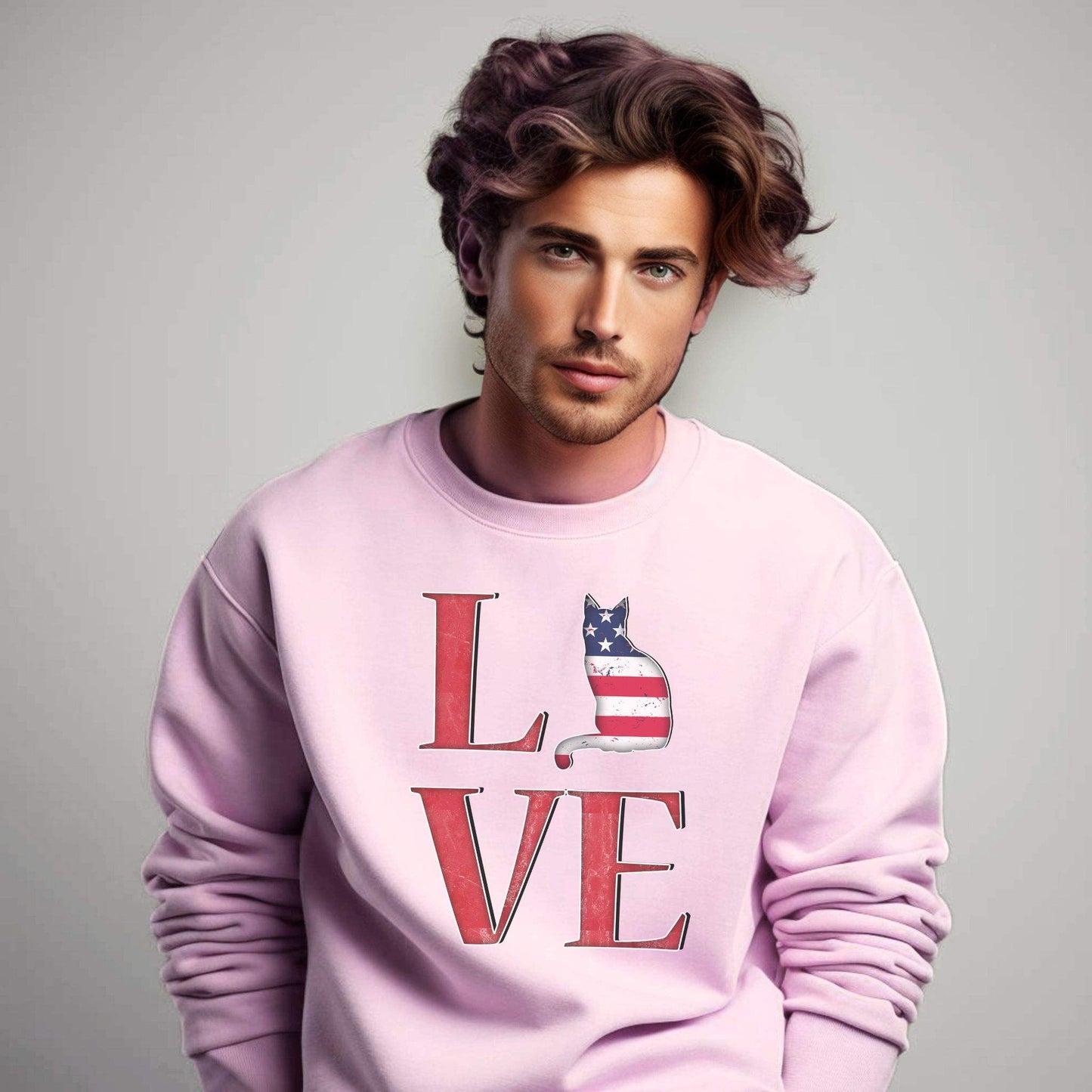 Pale Pink LOVE USA Cat Themed Crewneck Unisex Sweatshirt