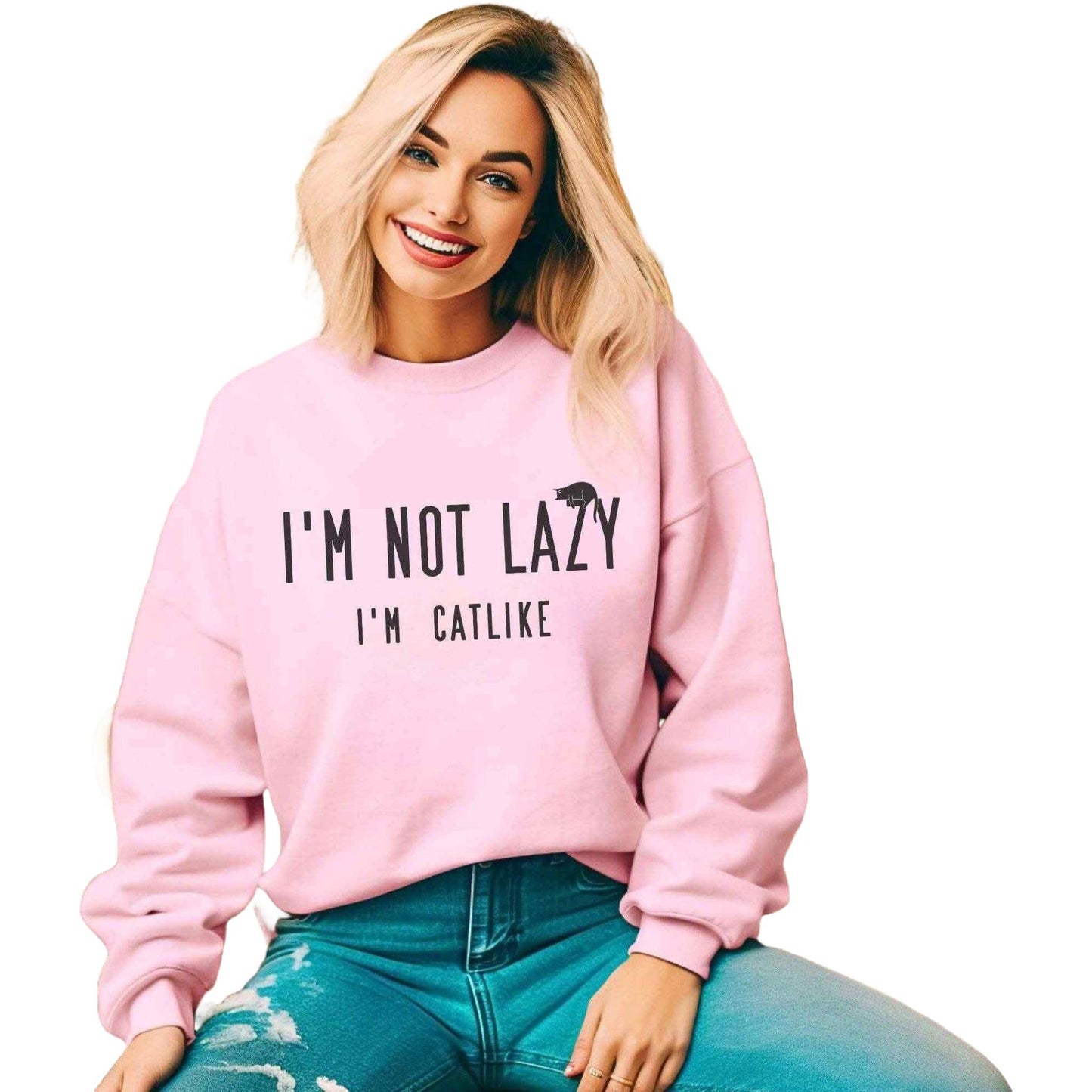 Pale Pink Not Lazy Crewneck Unisex Cat Themed Sweatshirt
