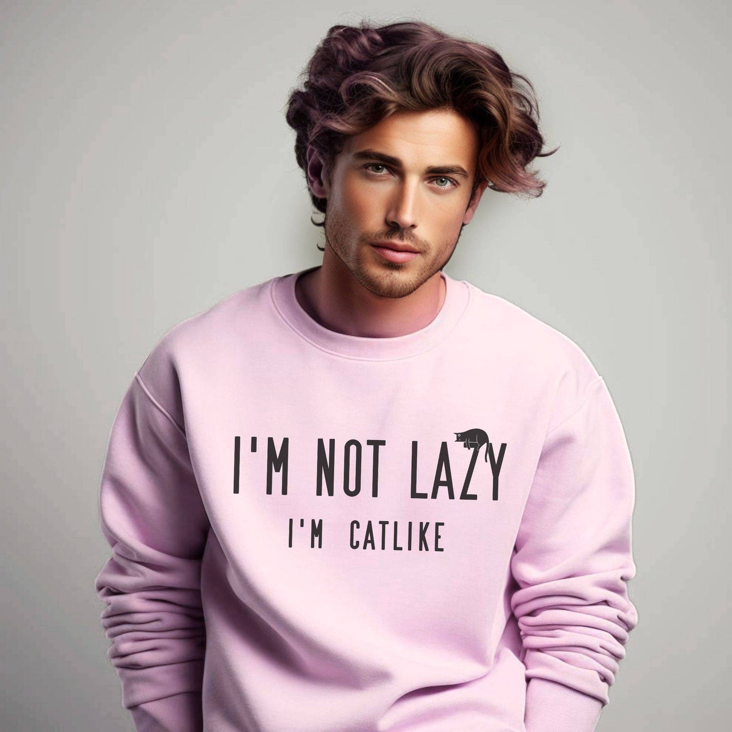 Pale Pink Not Lazy Crewneck Unisex Cat Themed Sweatshirt