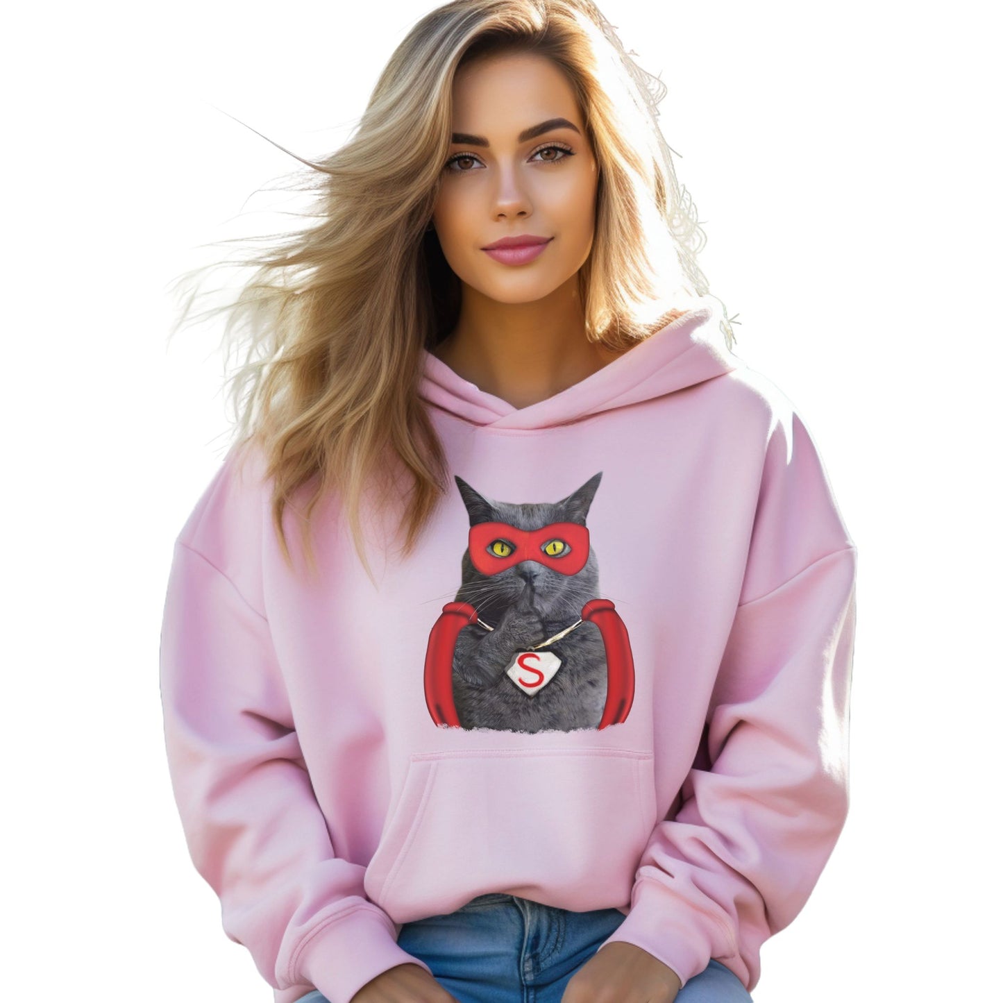 Pale Pink Super Cat Hooded Sweatshirt Unisex