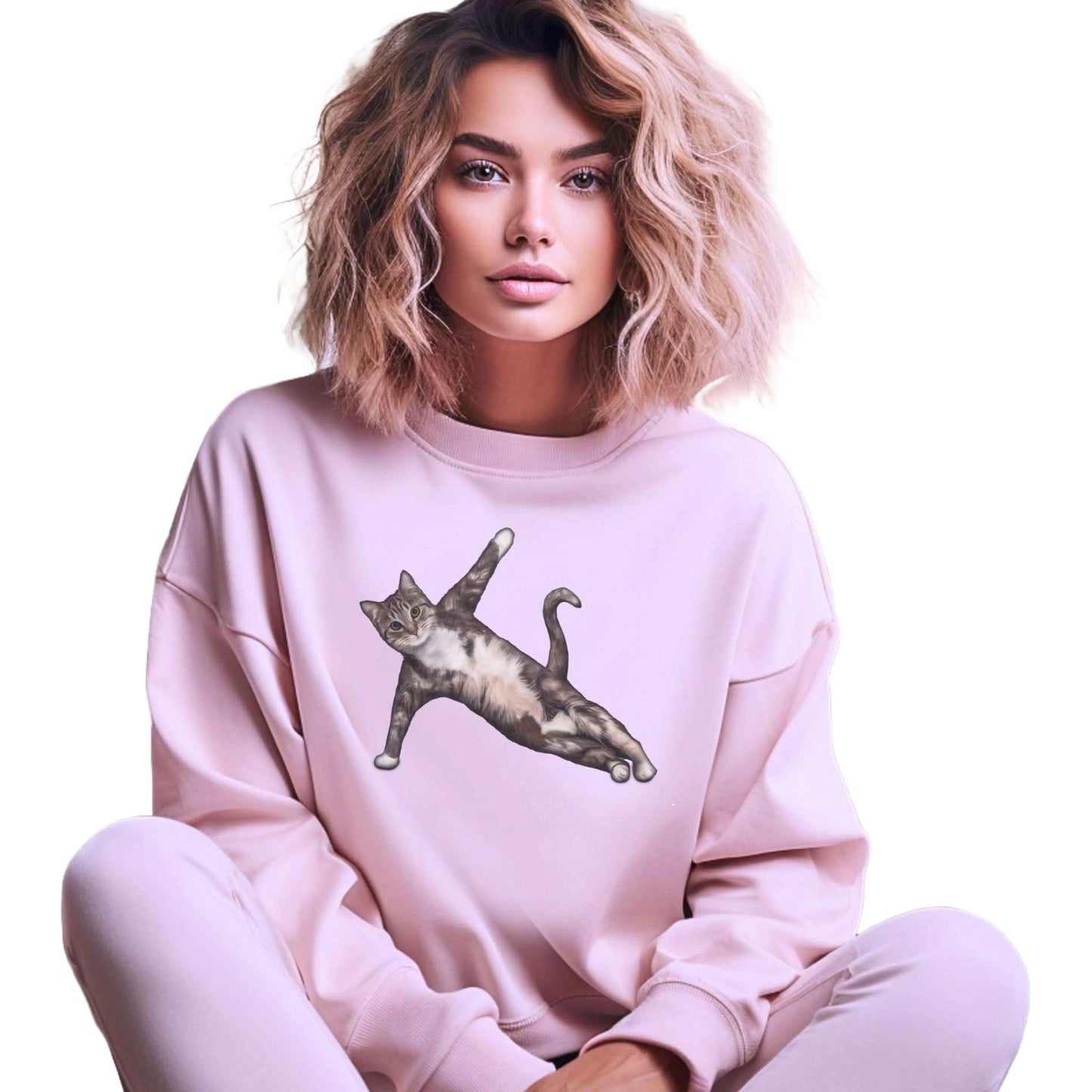 Pale Pink Yoga Pose cat themed unisex sweatshirt
