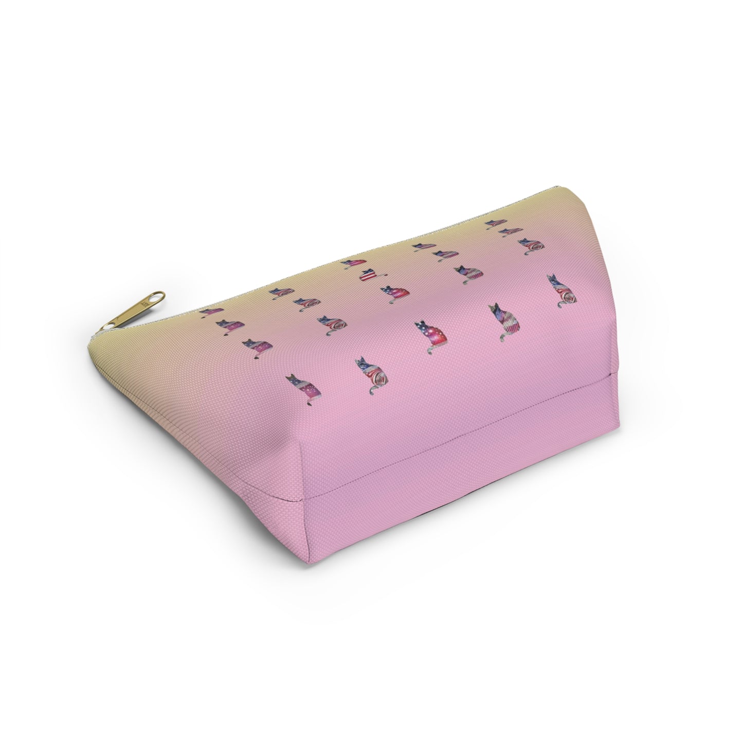 Pink and yellow cosmetic, makeup, toiletries and travel essentials accessory bag with 'LOVE' text design featuring cat silhouette pattern in colors of the American flag.