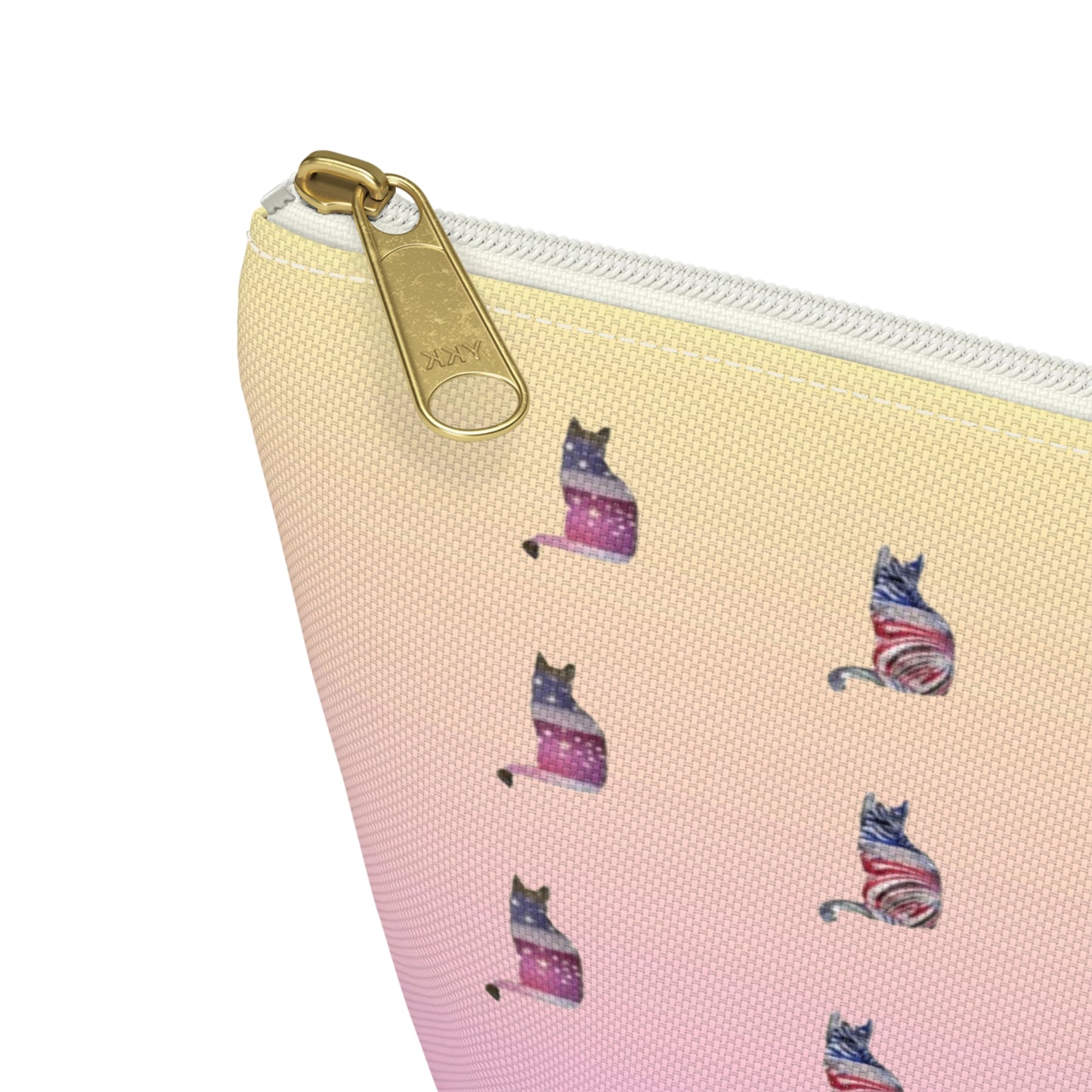Pink and yellow cosmetic, makeup, toiletries and travel essentials accessory bag with 'LOVE' text design featuring cat silhouette pattern in colors of the American flag.