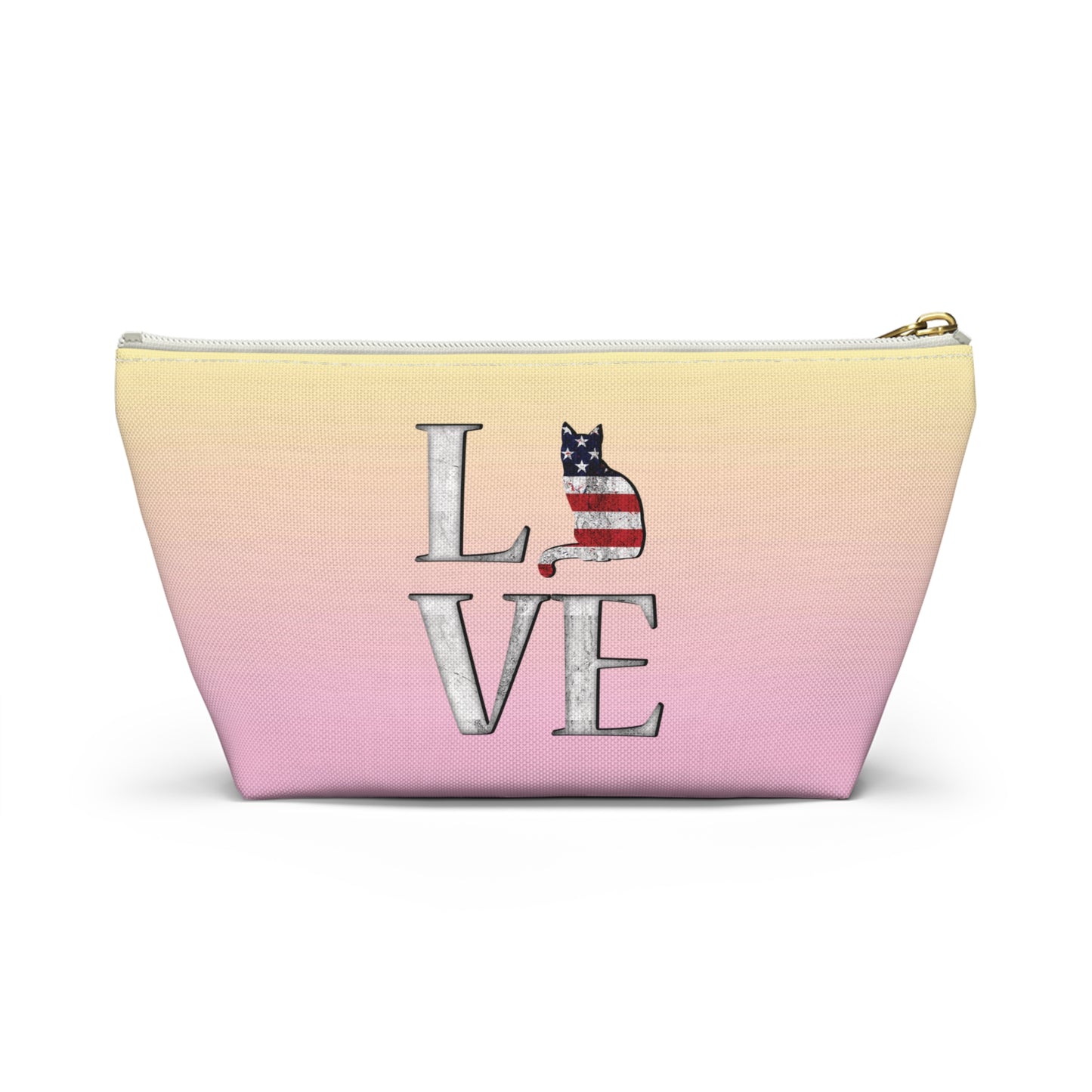 Pink and yellow cosmetic, makeup, toiletries and travel essentials accessory bag with 'LOVE' text design featuring cat silhouette pattern in colors of the American flag.