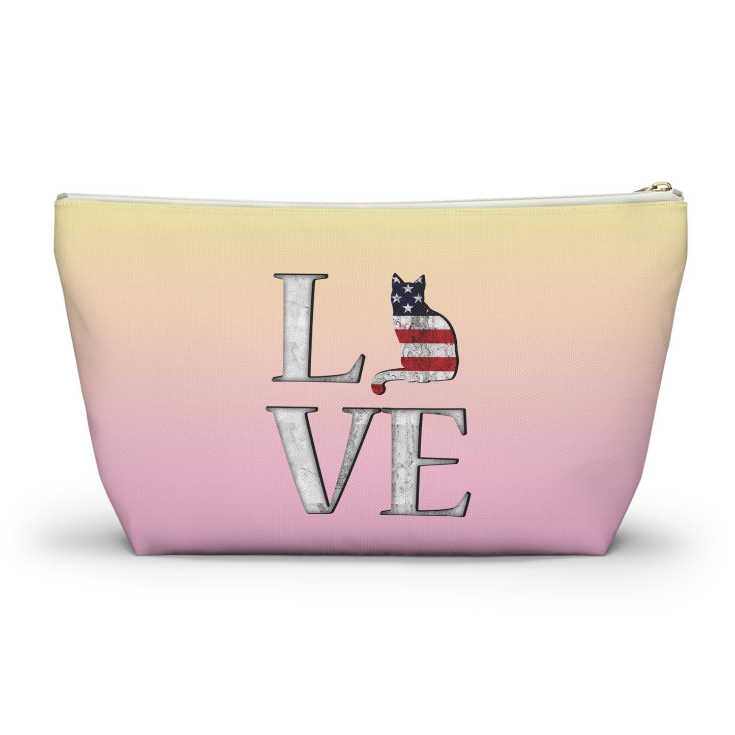 Pink and yellow cosmetic, makeup, toiletries and travel essentials accessory bag with 'LOVE' text design featuring cat silhouette pattern in colors of the American flag.