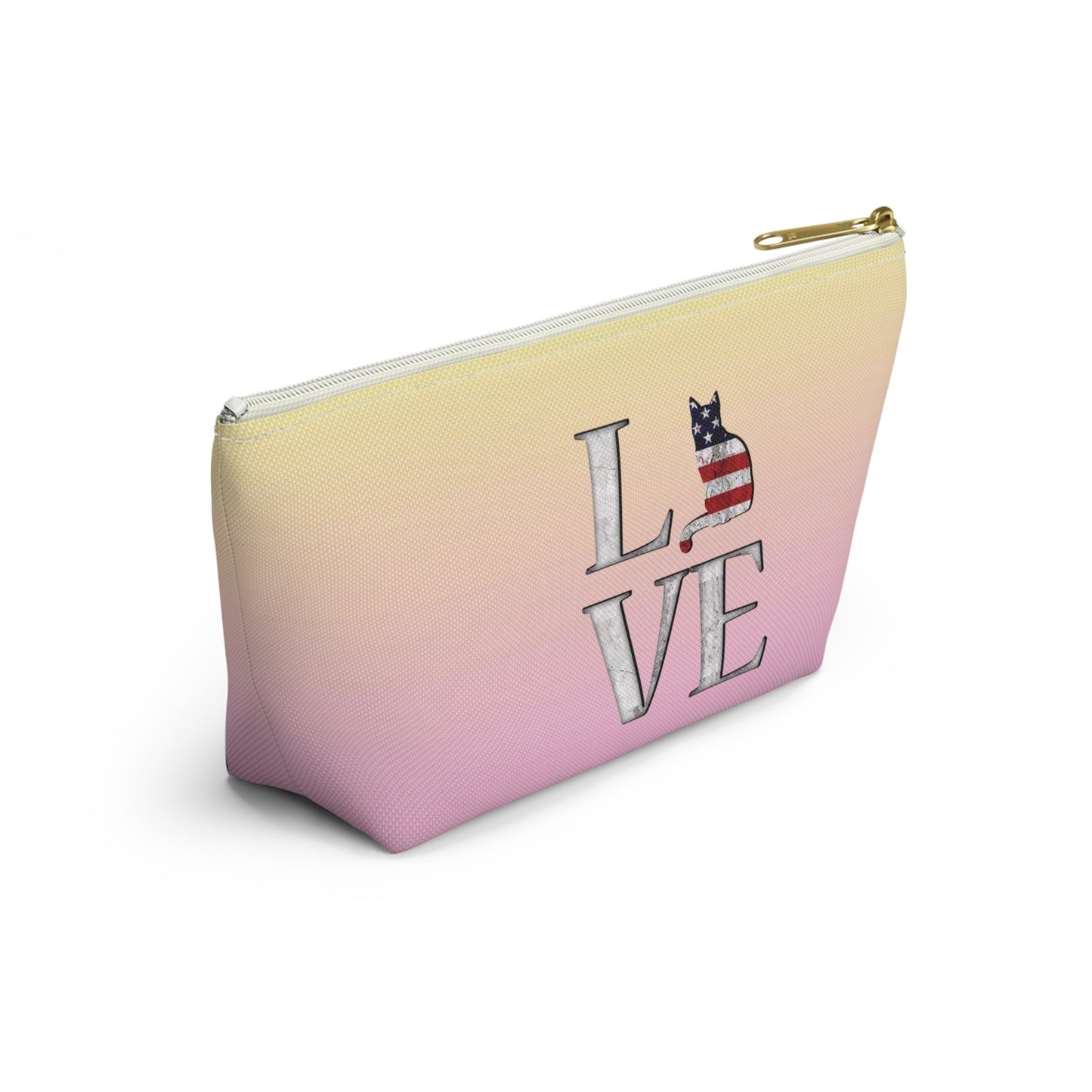 Pink and yellow cosmetic, makeup, toiletries and travel essentials accessory bag with 'LOVE' text design featuring cat silhouette pattern in colors of the American flag.