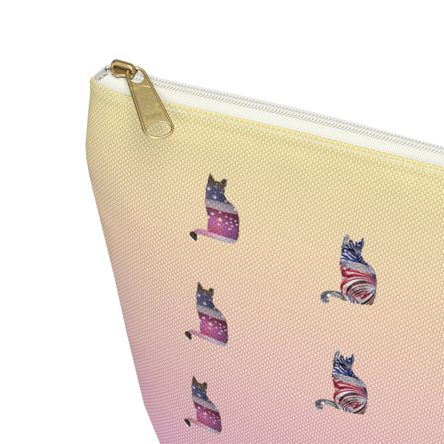 Pink and yellow cosmetic, makeup, toiletries and travel essentials accessory bag with 'LOVE' text design featuring cat silhouette pattern in colors of the American flag.