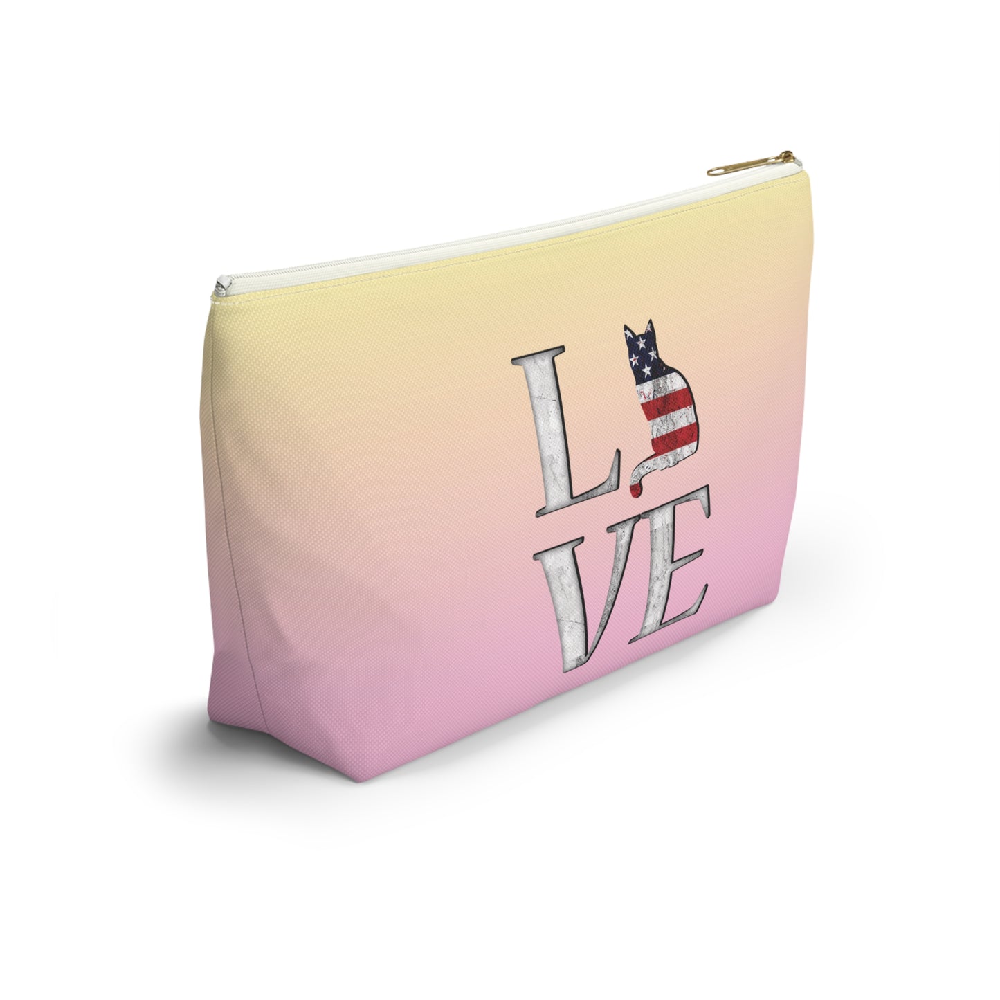 Pink and yellow cosmetic, makeup, toiletries and travel essentials accessory bag with 'LOVE' text design featuring cat silhouette pattern in colors of the American flag.