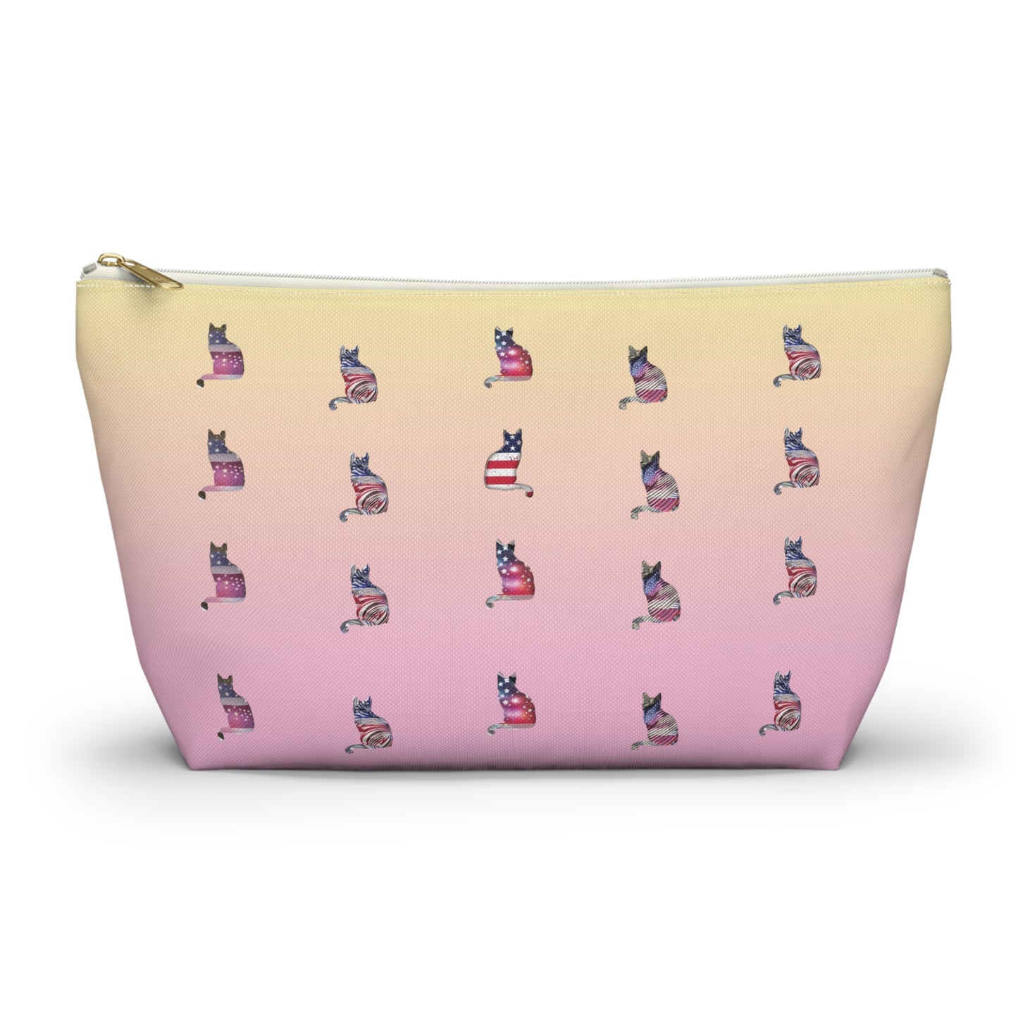 Pink and yellow cosmetic, makeup, toiletries and travel essentials accessory bag with 'LOVE' text design featuring cat silhouette pattern in colors of the American flag.