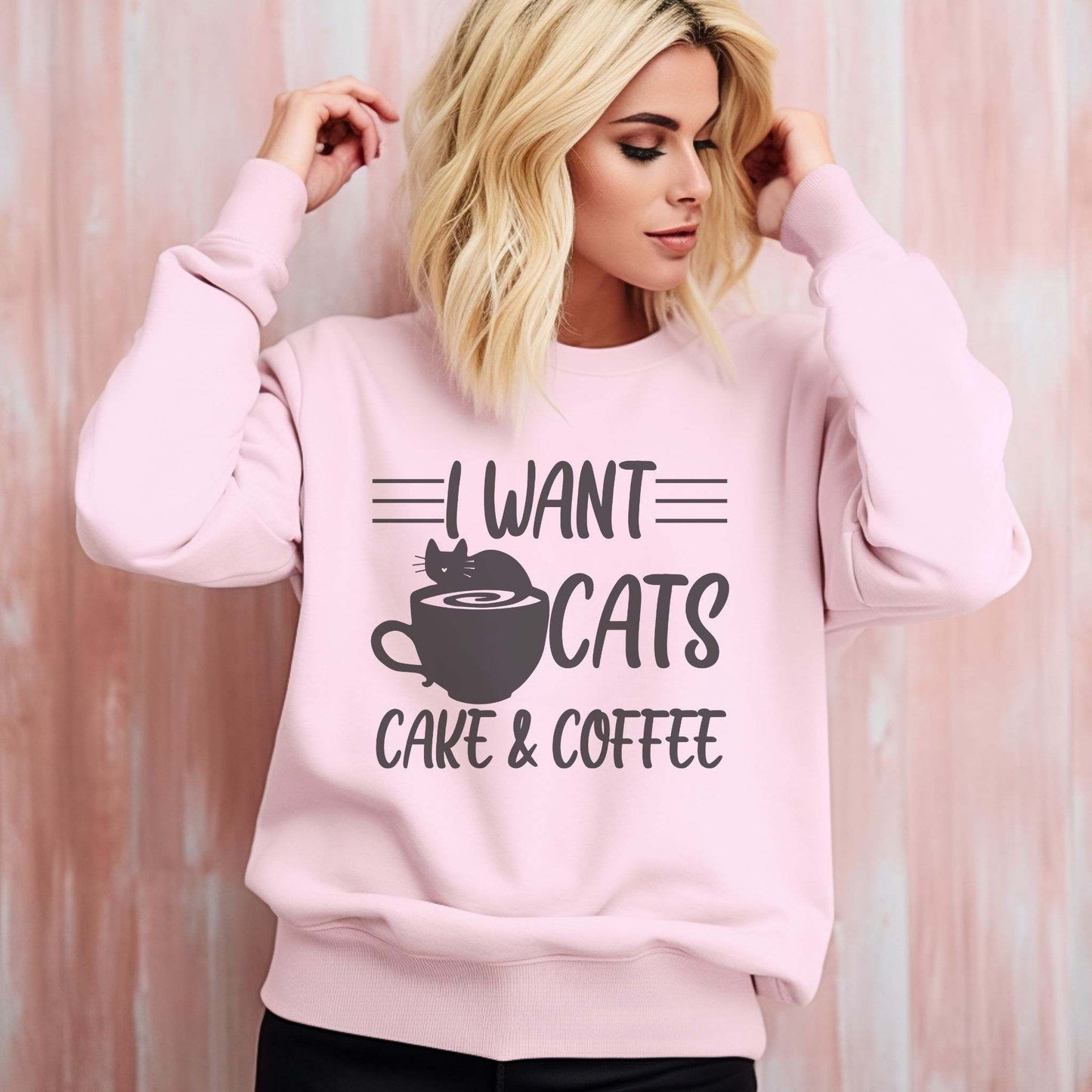Pale Pink Cats Cake & Coffee Crewneck Unisex Sweatshirt