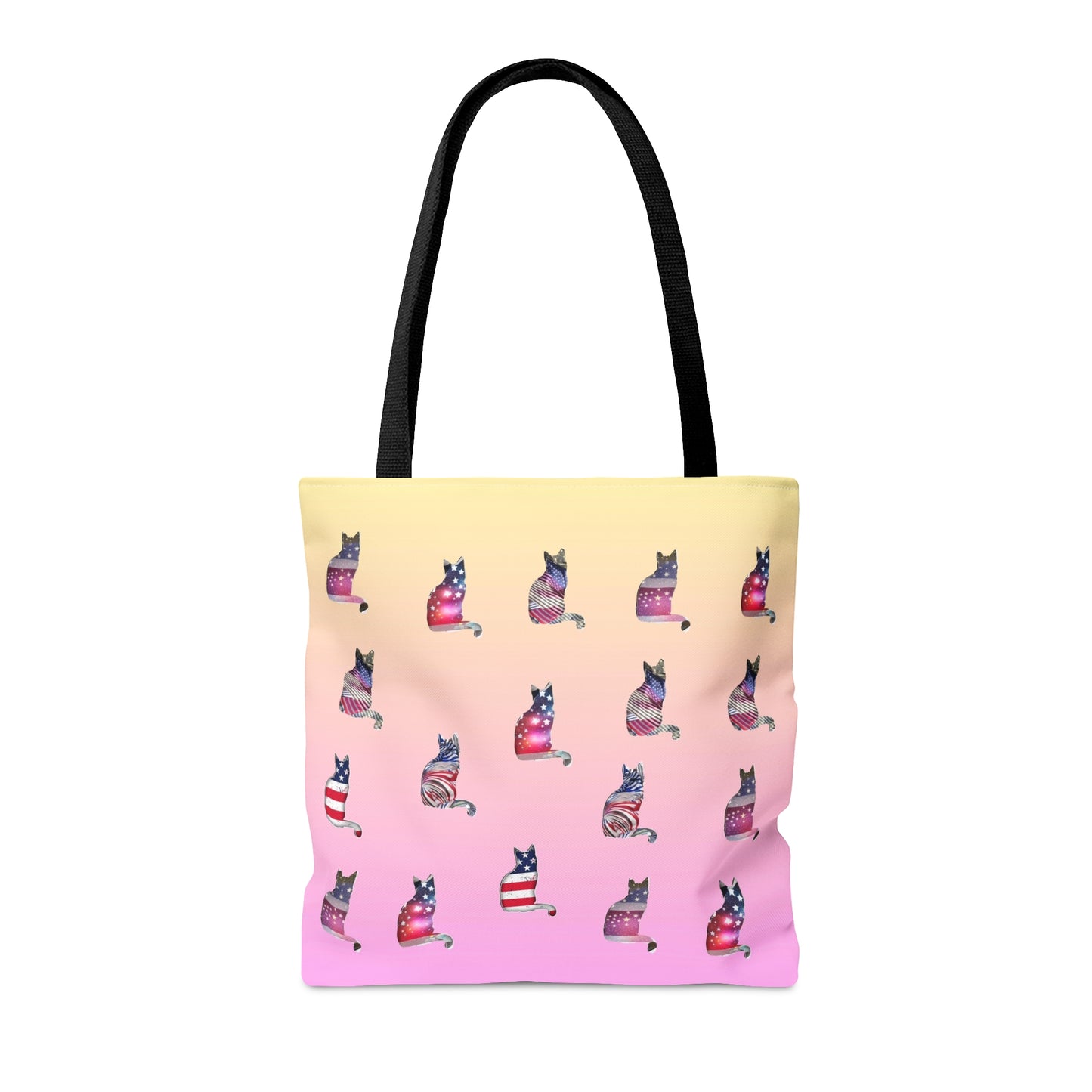 Pink & yellow colored Tote bag with 'LOVE' text and cat silhouettes with a Stars & Stripes theme