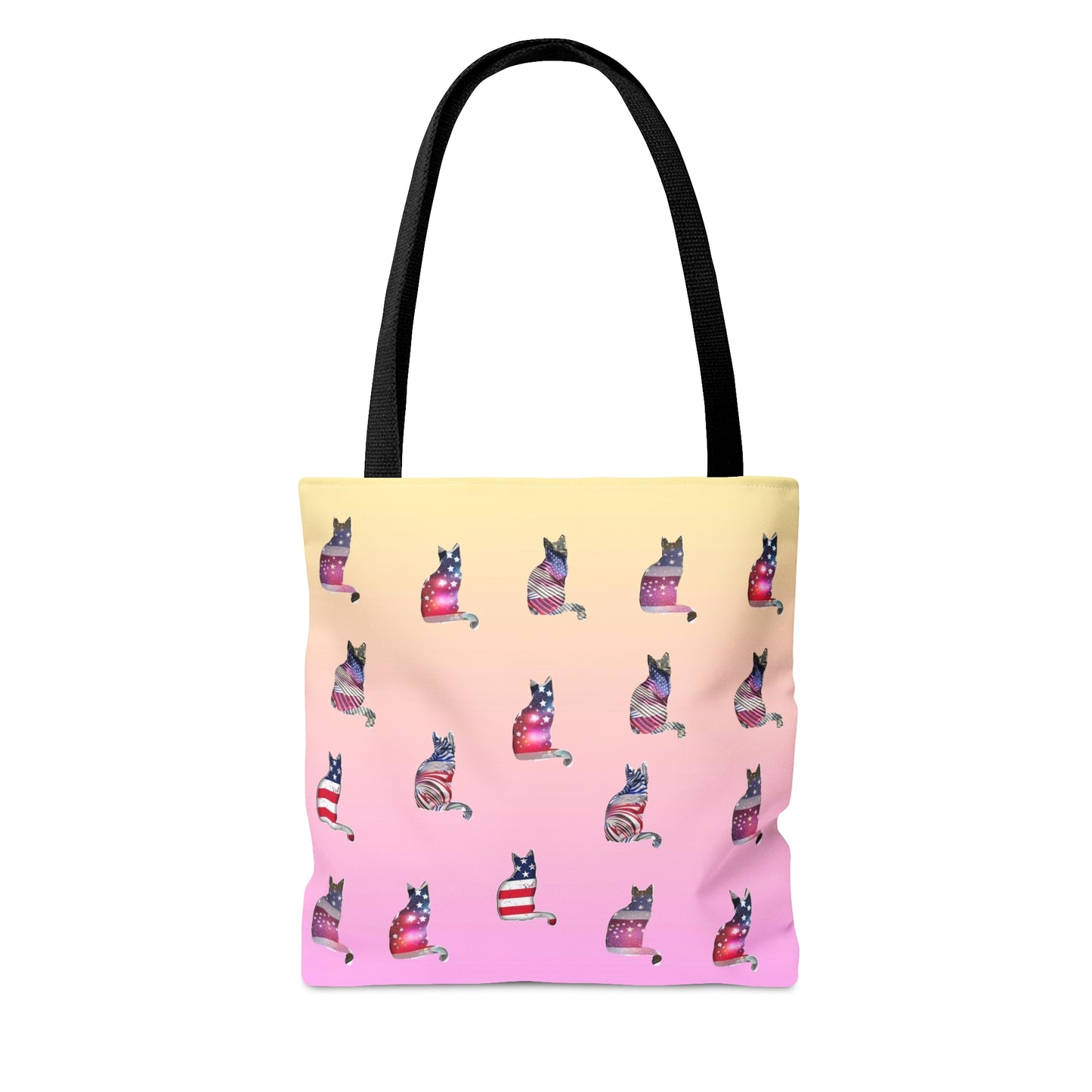 Pink & yellow colored Tote bag with 'LOVE' text and cat silhouettes with a Stars & Stripes theme