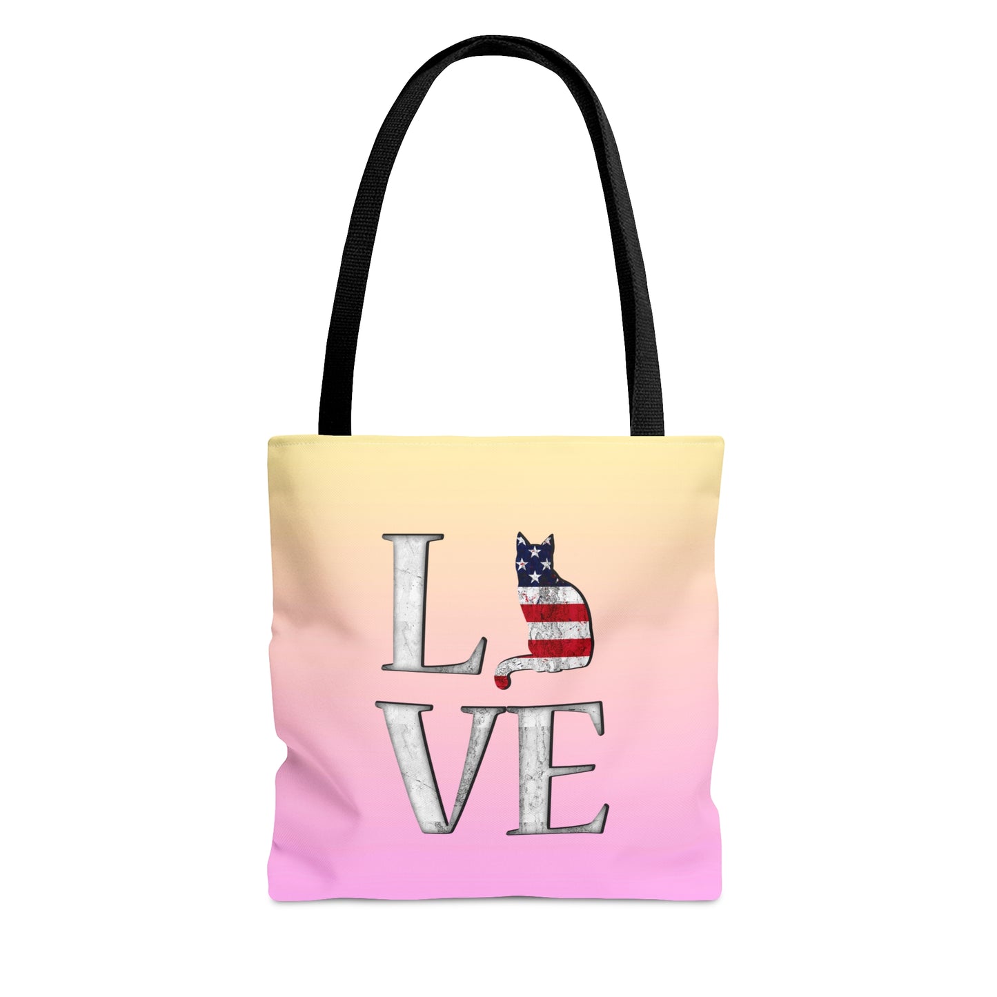 Pink & yellow colored Tote bag with 'LOVE' text and cat silhouettes with a Stars & Stripes theme