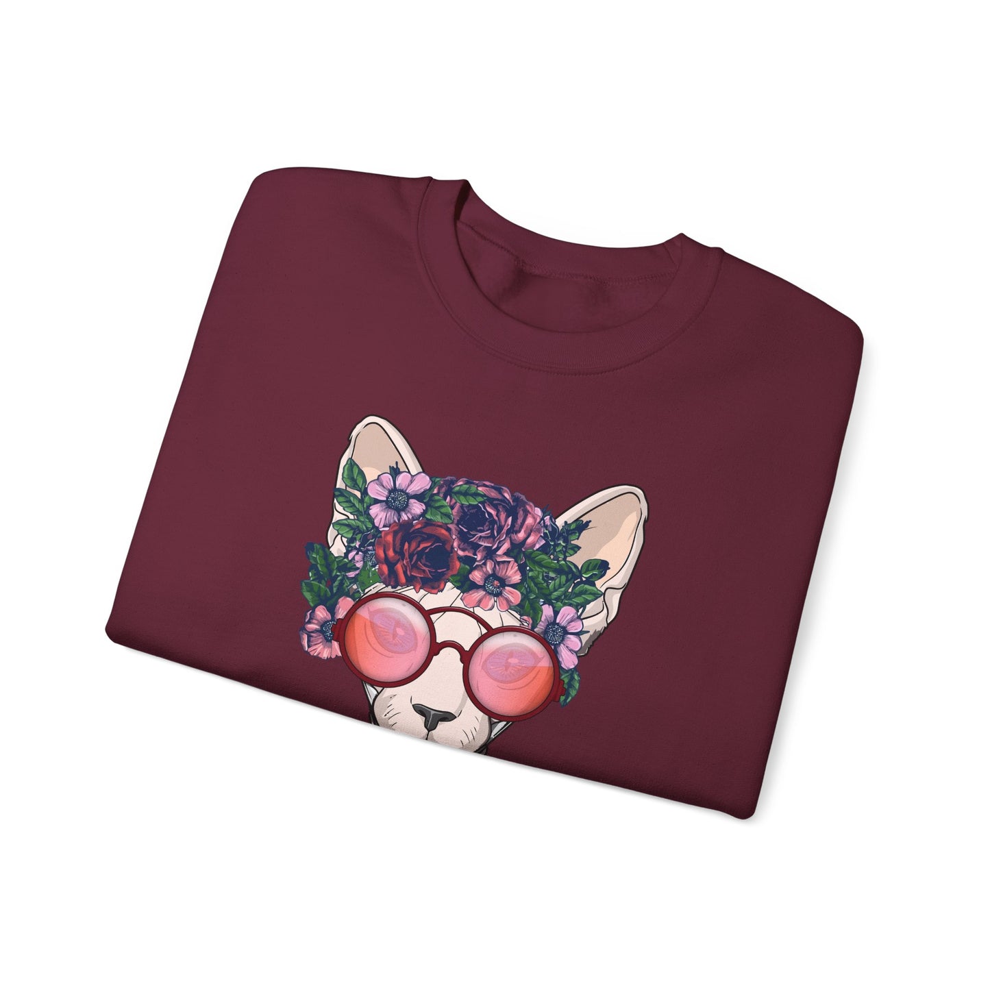 Maroon Flower Sphynx Cat Themed Crewneck Unisex Sweatshirt