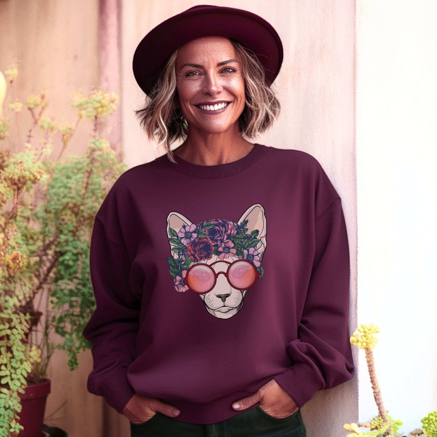 Maroon Flower Sphynx Cat Themed Crewneck Unisex Sweatshirt
