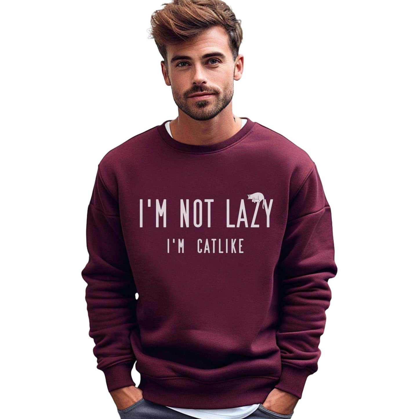 Maroon Not Lazy Crewneck Unisex Cat Themed Sweatshirt