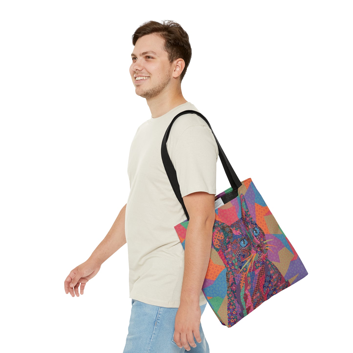 Multicolor tote bag with cat illustration