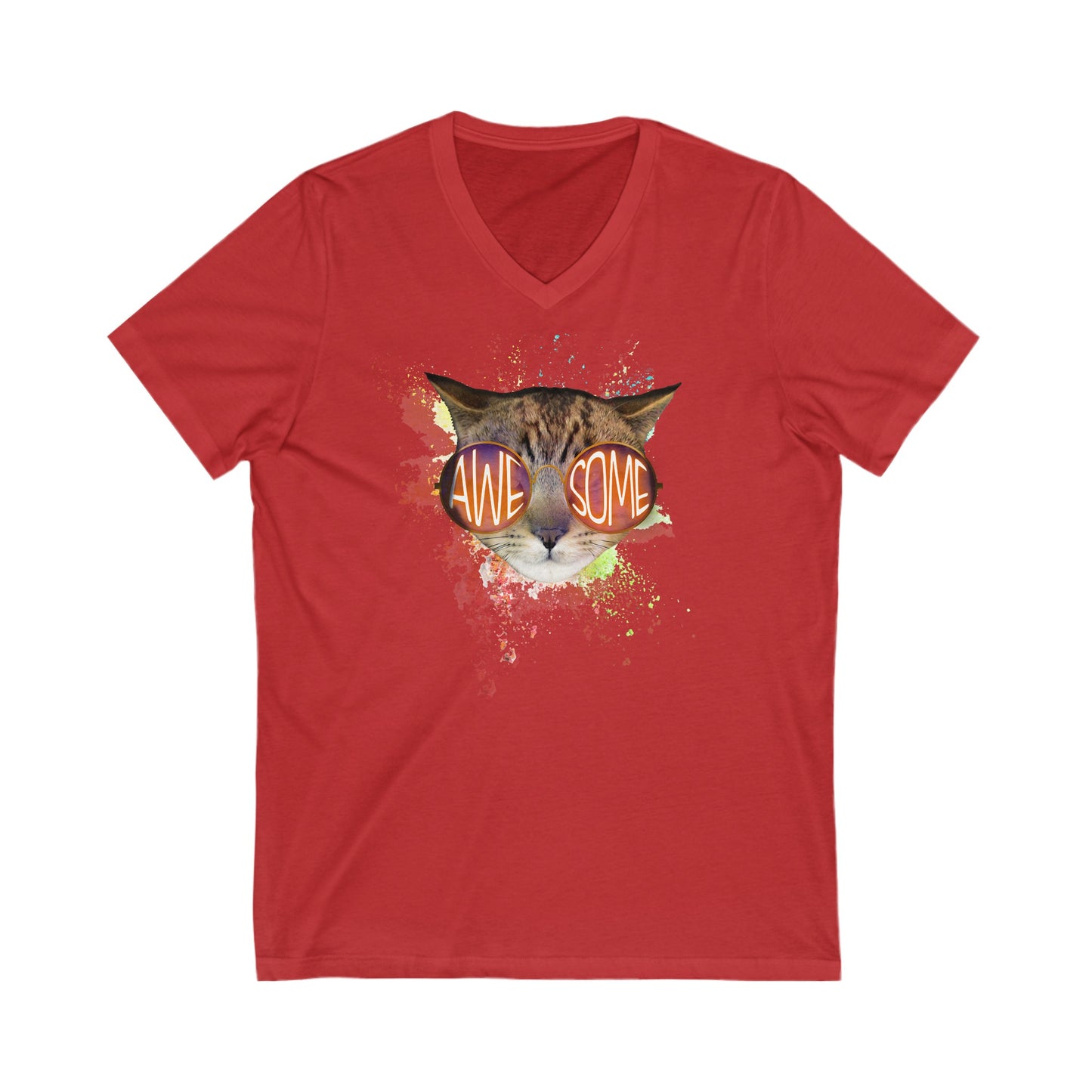Red Awesome Cat V-Neck T-Shirt
