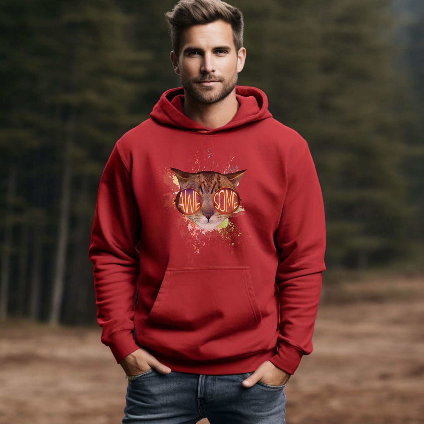 Red Awesome Cat Themed Hooded Sweatshirt Unisex