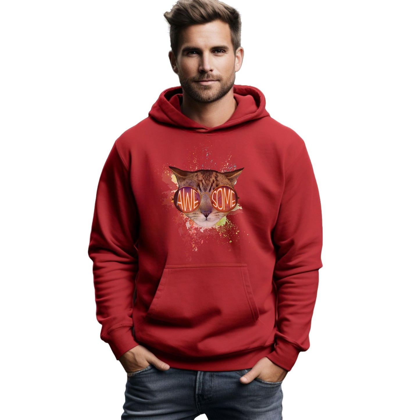 Red Awesome Cat Themed Hooded Sweatshirt Unisex