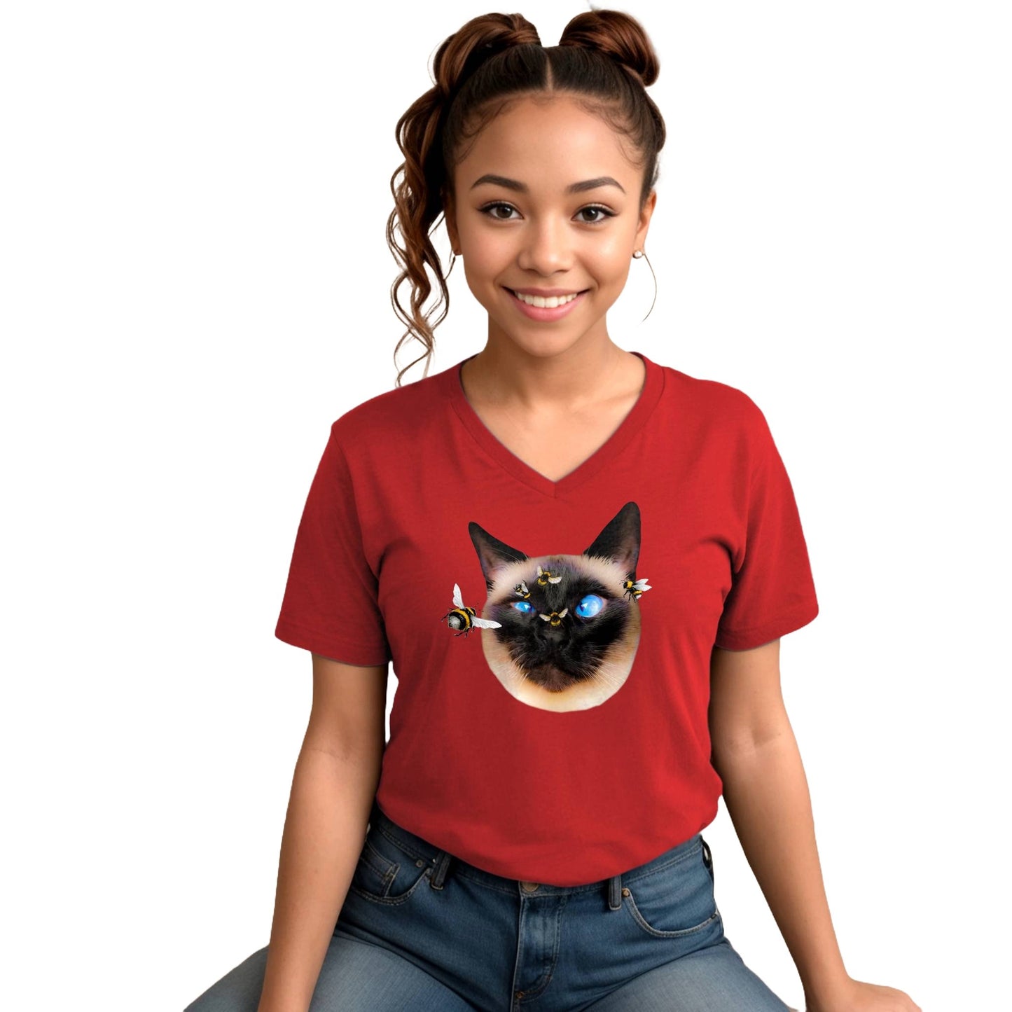 Red Buzz Off Siamese Cat V-Neck T-Shirt