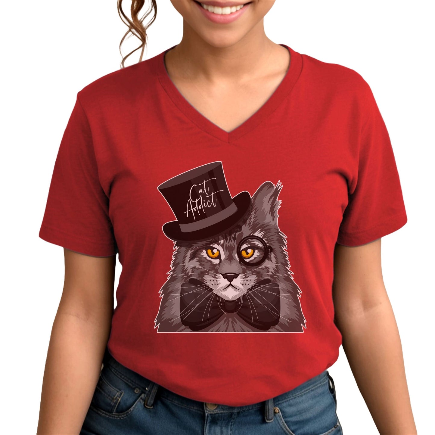 Red Cat Addict V-Neck T-Shirt Maine Coon