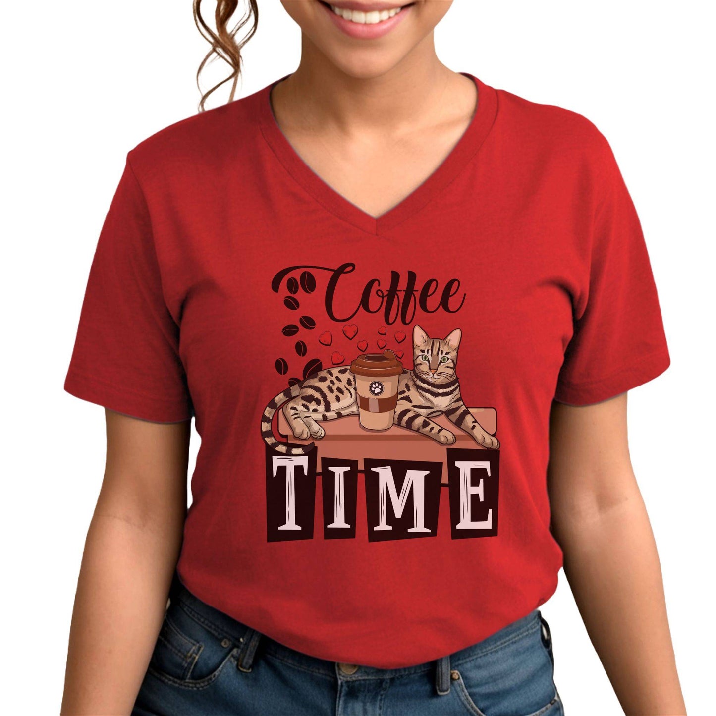 Red Coffee Beans & Love Hearts V-Neck Unisex T-Shirt Cat Themed