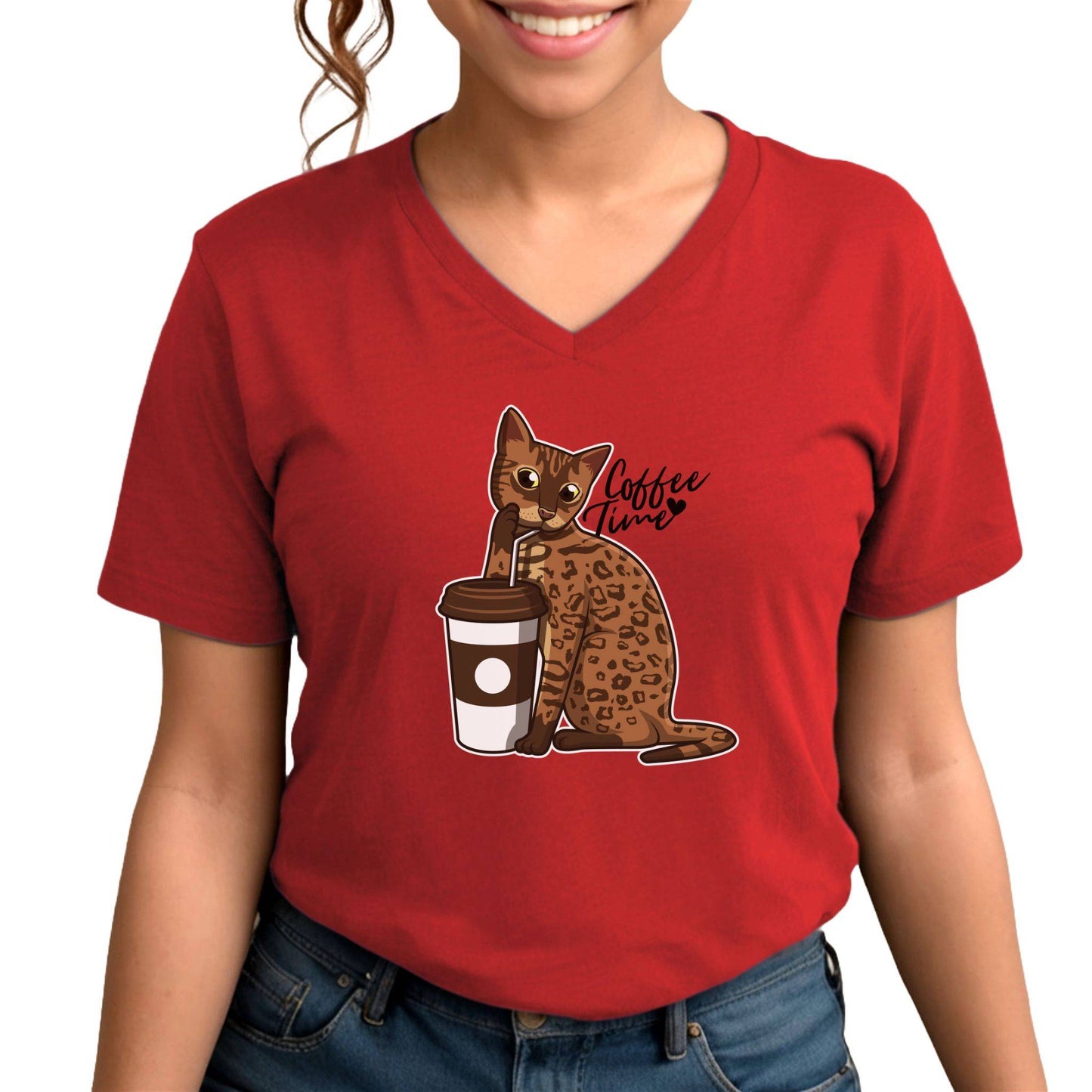 Red Drinking Cat T-Shirt Unisex V-Neck