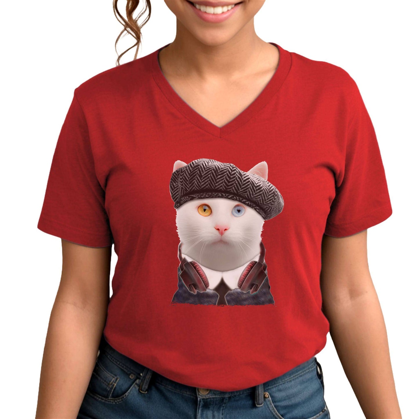 Red Headphones T-Shirt Unisex V-Neck Cat Theme