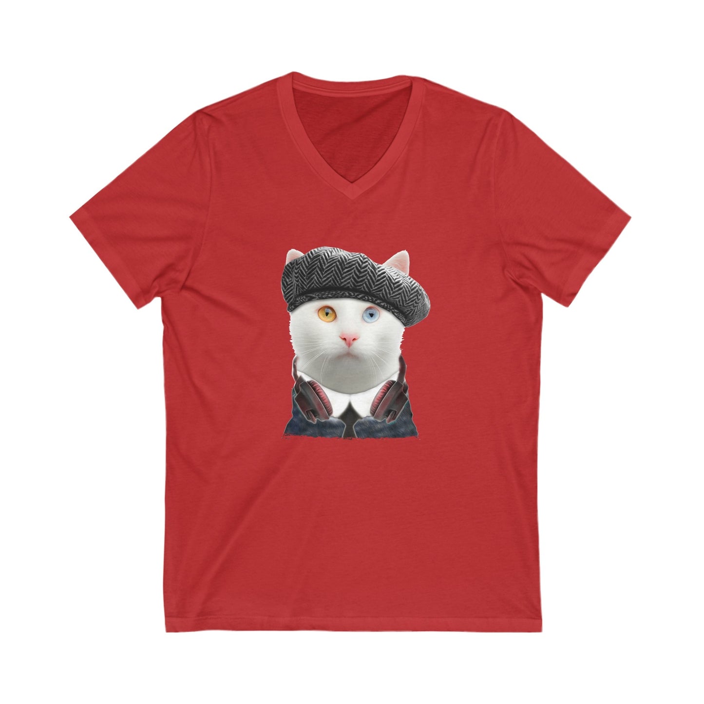 Red Headphones T-Shirt Unisex V-Neck Cat Theme