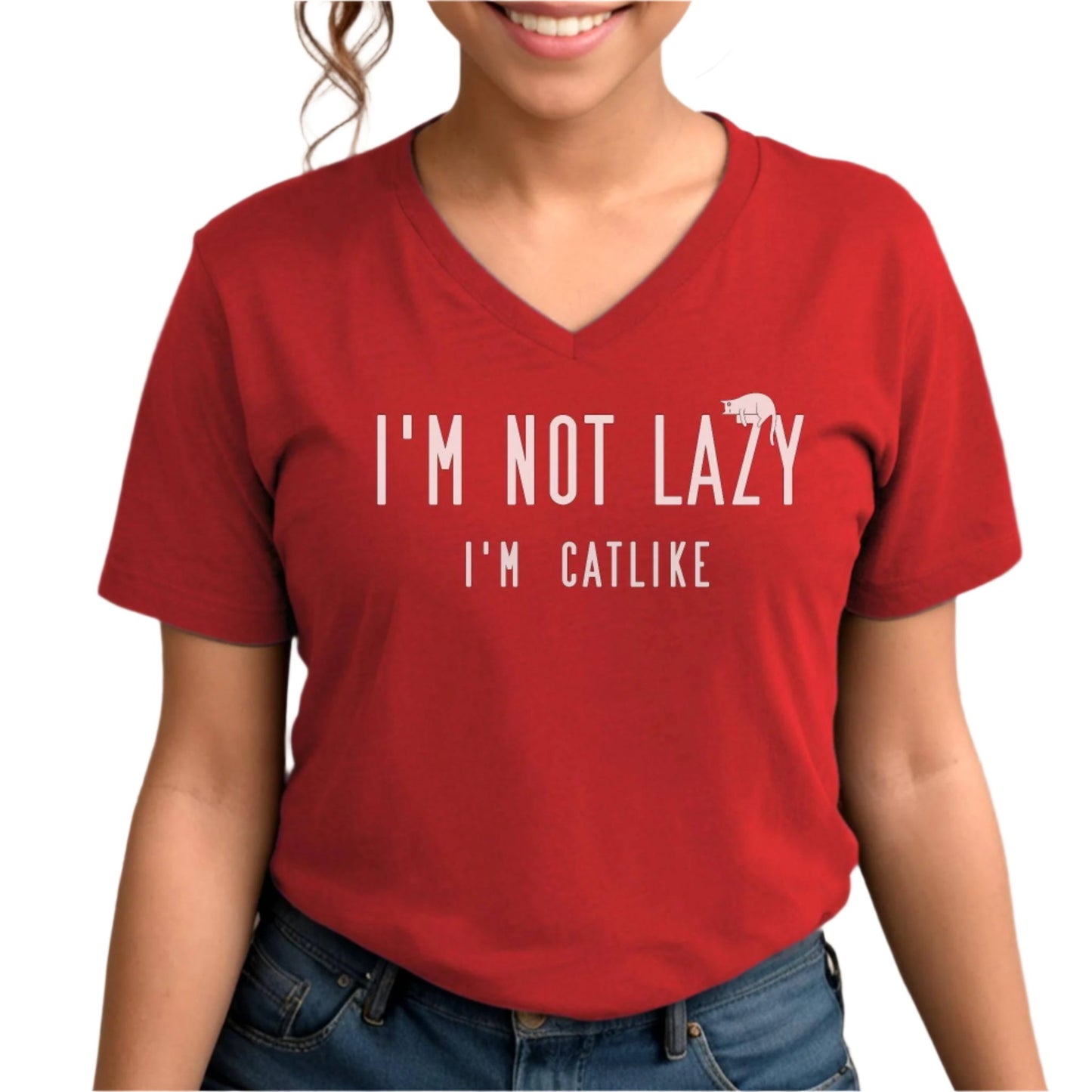 Red Not Lazy Catlike V-Neck T-Shirt Unisex