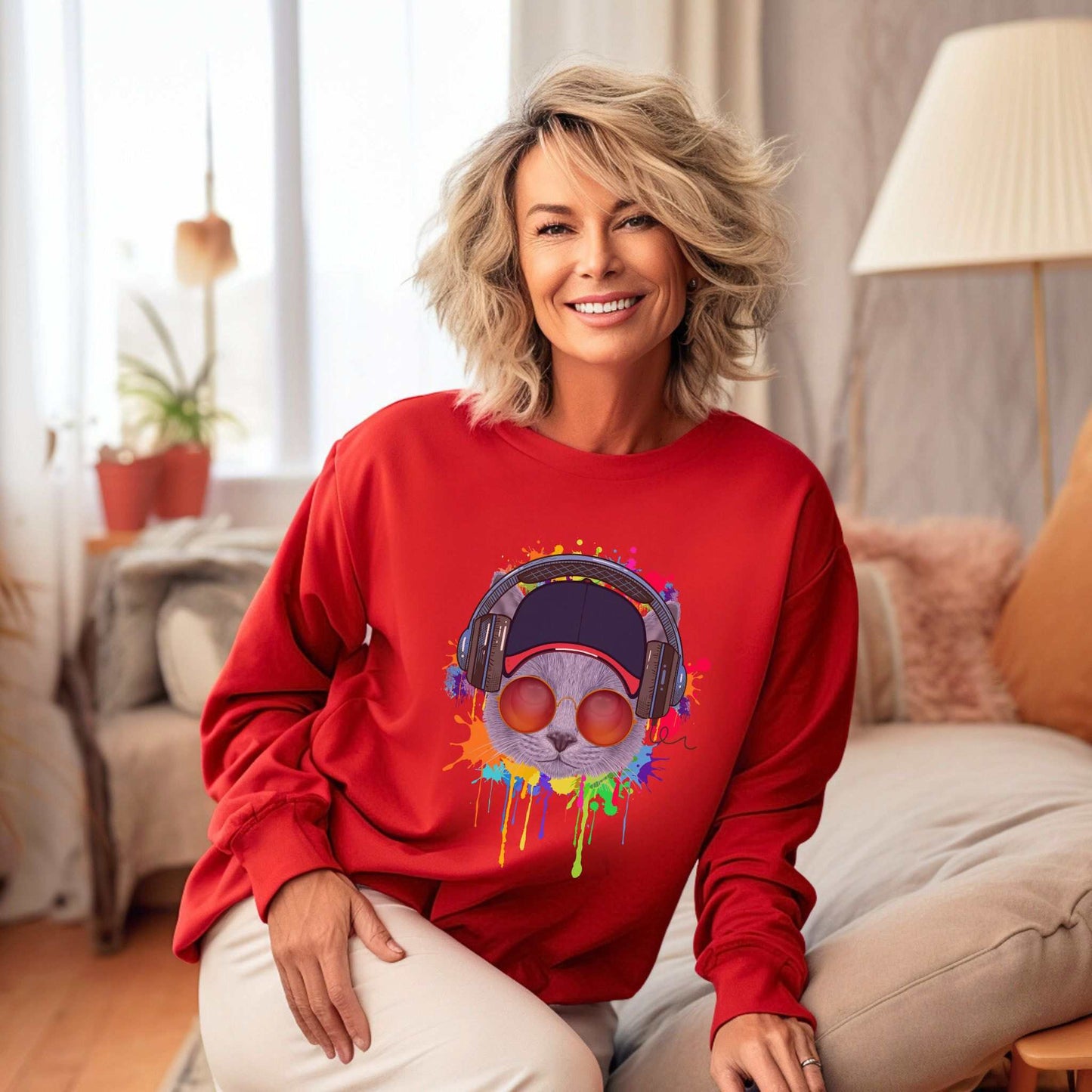 Red Lost In Music Cat Themed Crewneck Unisex Sweatshirt