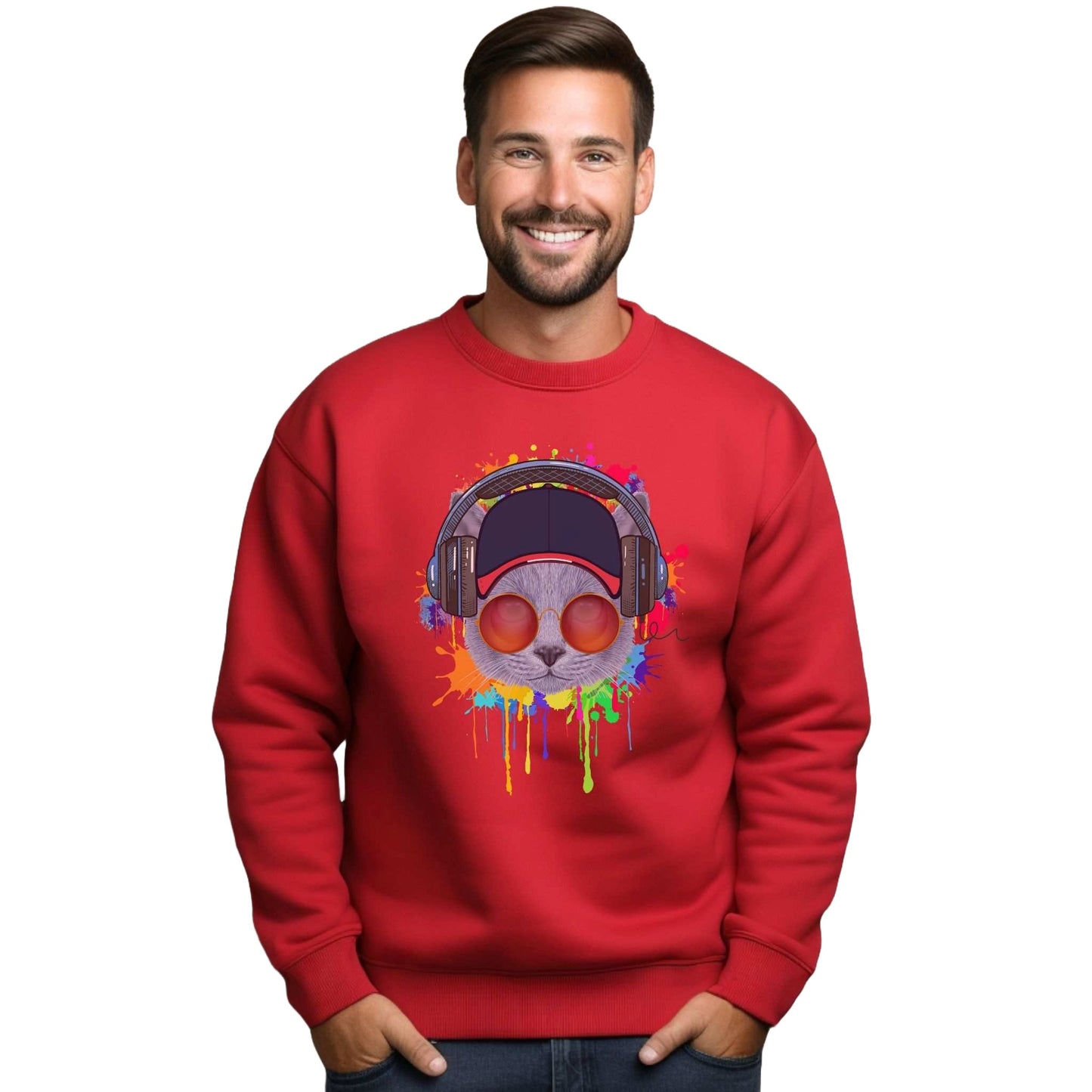 Red Lost In Music Cat Themed Crewneck Unisex Sweatshirt